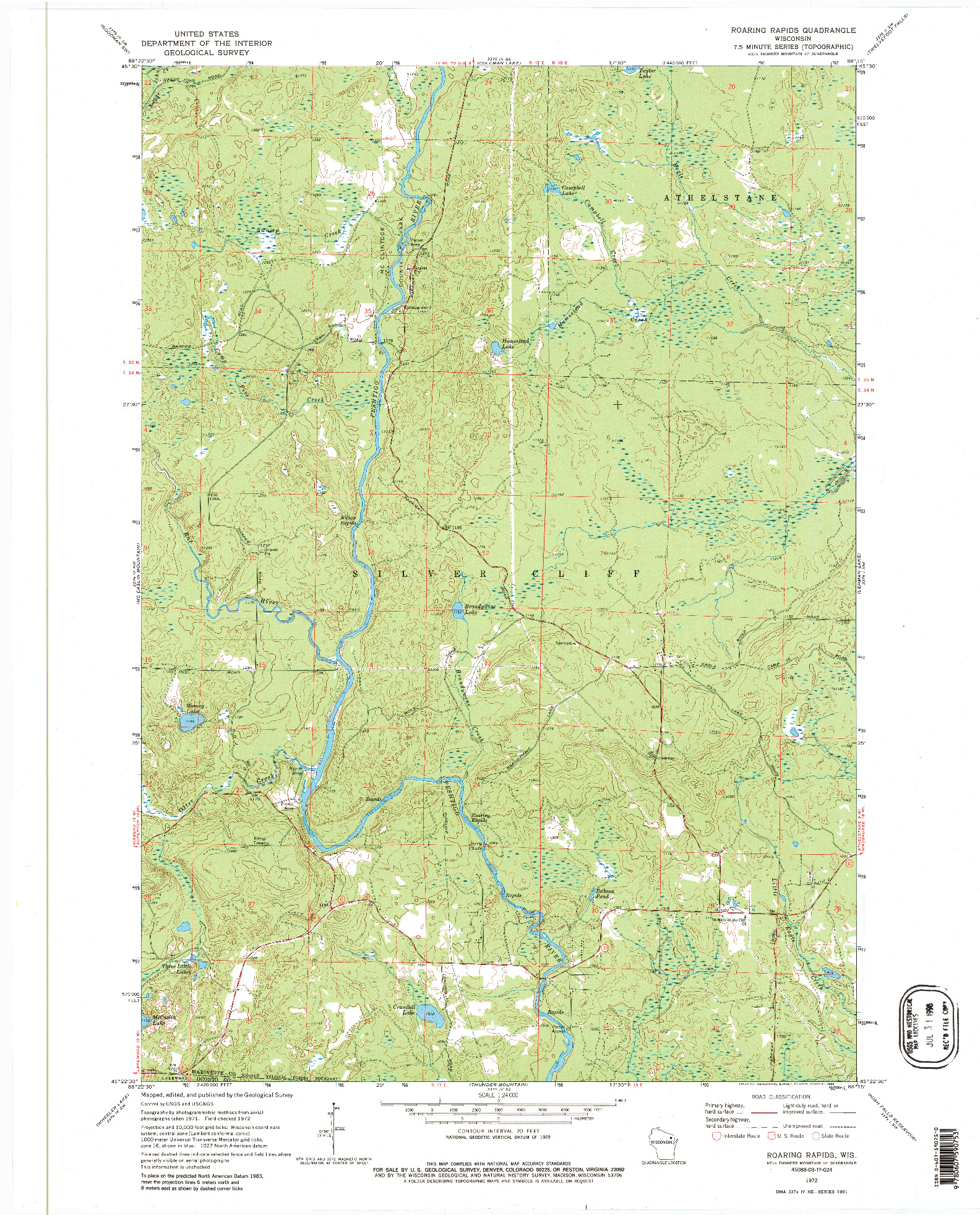 USGS 1:24000-SCALE QUADRANGLE FOR ROARING RAPIDS, WI 1972