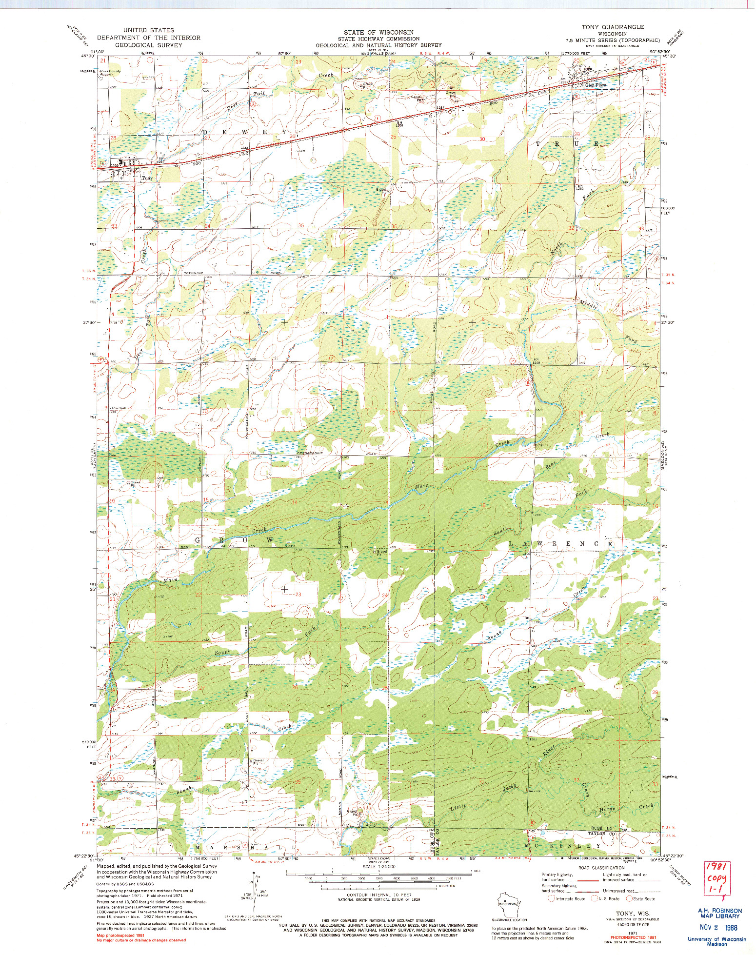 USGS 1:24000-SCALE QUADRANGLE FOR TONY, WI 1971