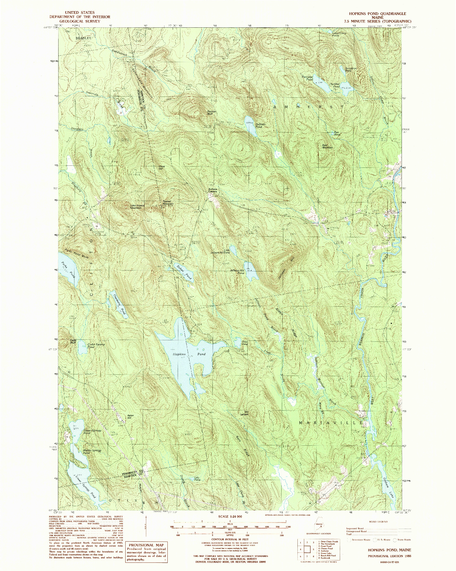 USGS 1:24000-SCALE QUADRANGLE FOR HOPKINS POND, ME 1988