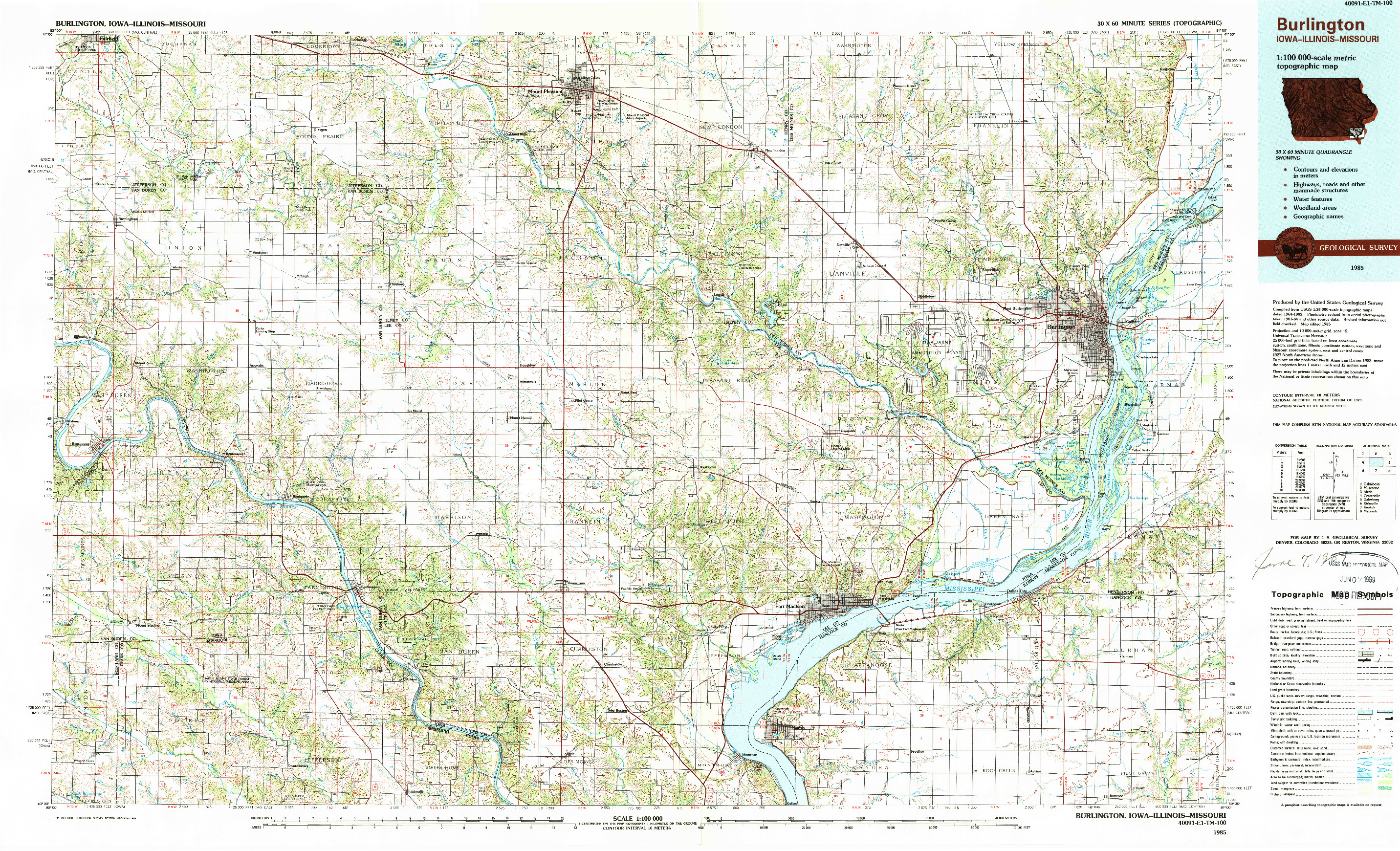 USGS 1:100000-SCALE QUADRANGLE FOR BURLINGTON, IA 1985
