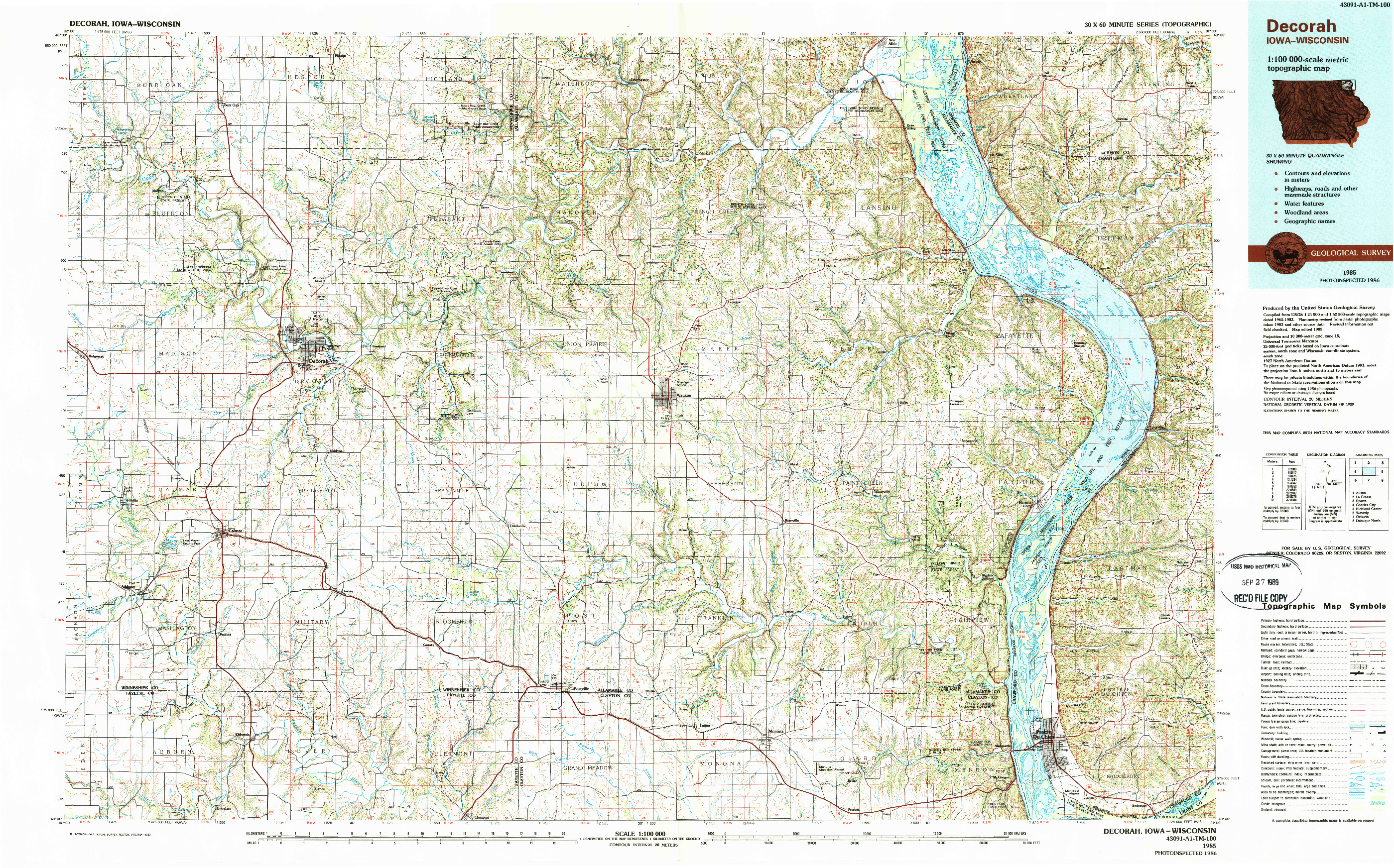 USGS 1:100000-SCALE QUADRANGLE FOR DECORAH, IA 1985