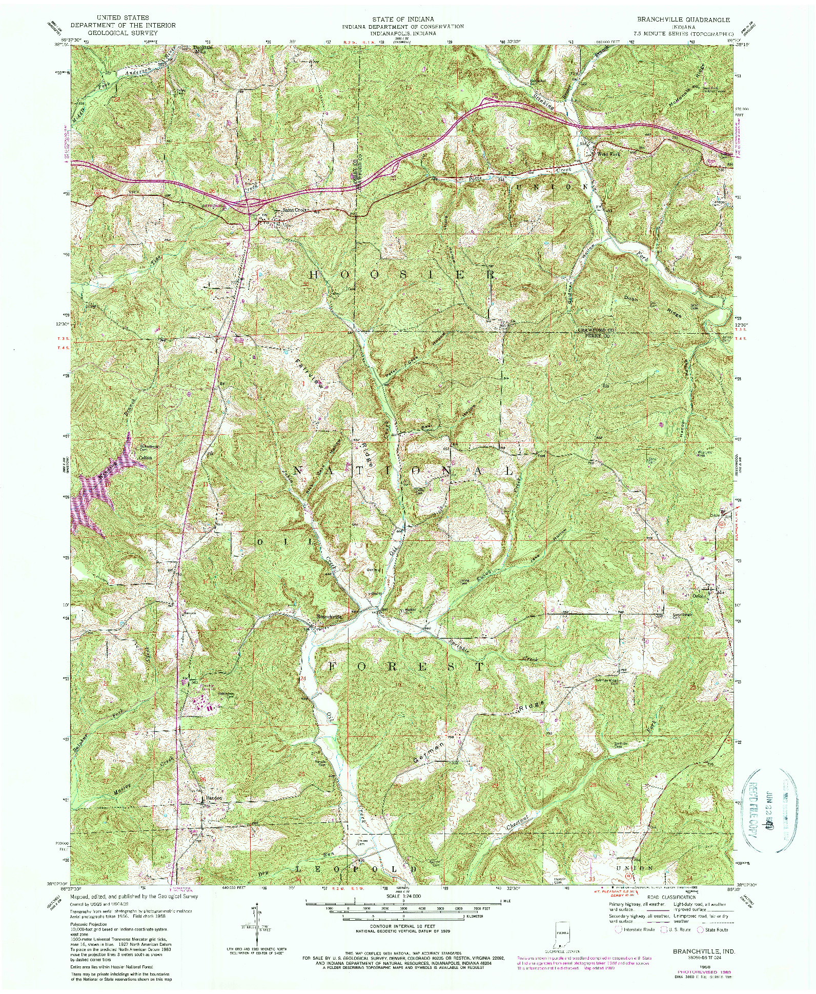 USGS 1:24000-SCALE QUADRANGLE FOR BRANCHVILLE, IN 1958