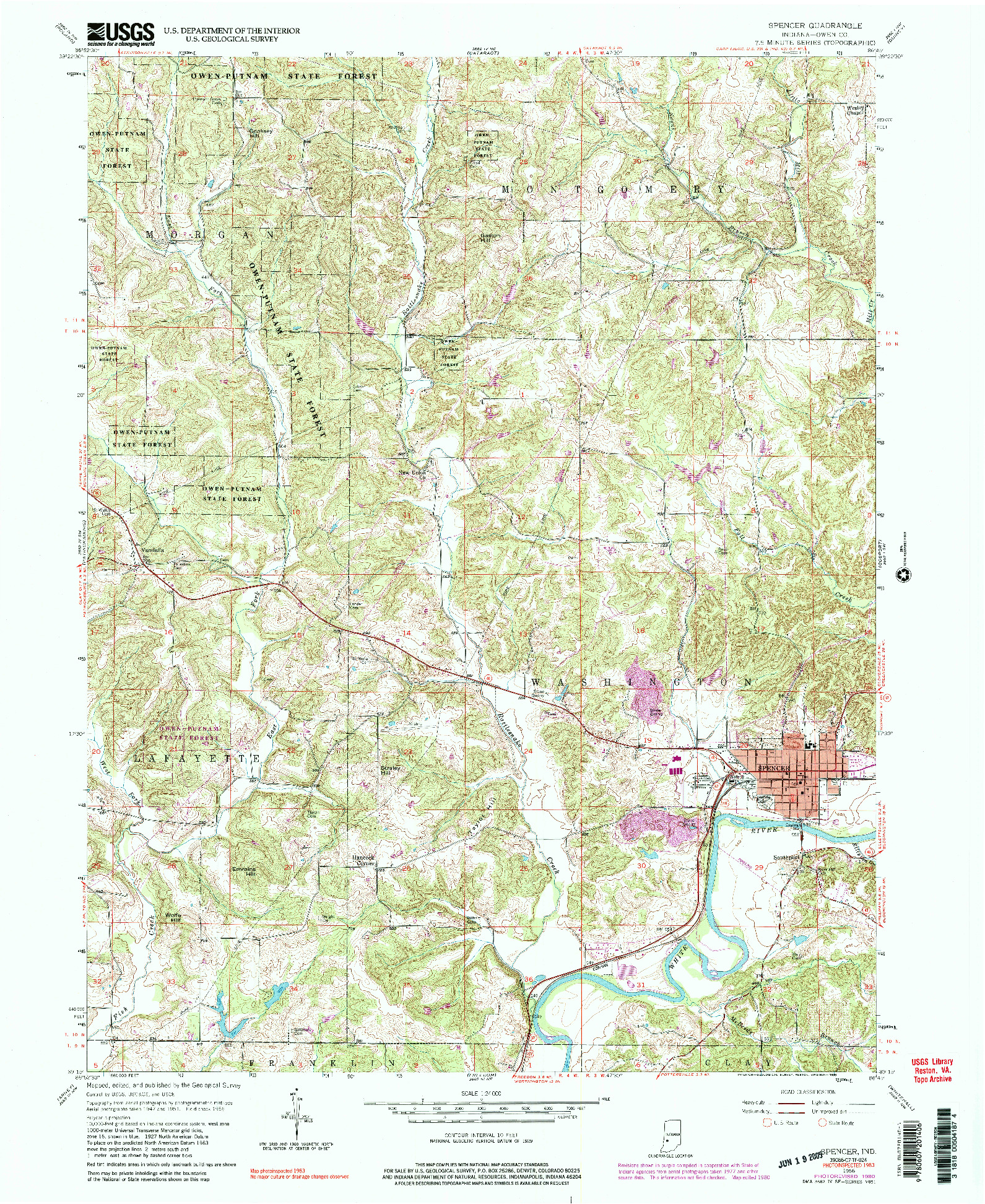 USGS 1:24000-SCALE QUADRANGLE FOR SPENCER, IN 1956