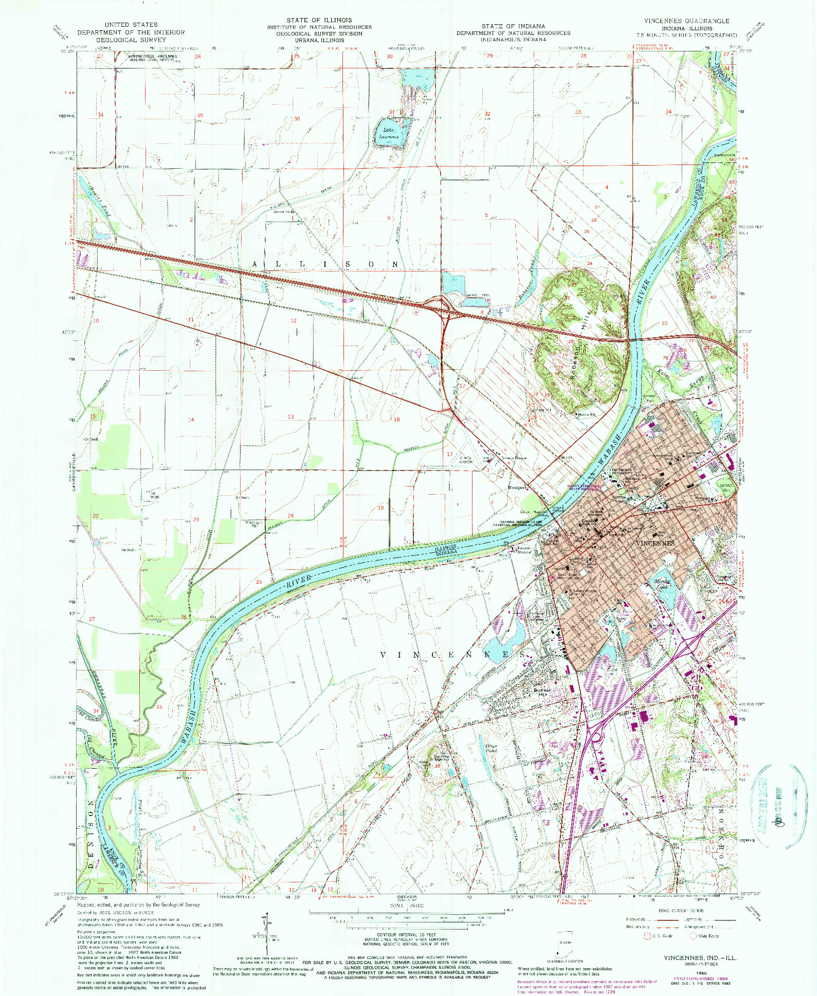 USGS 1:24000-SCALE QUADRANGLE FOR VINCENNES, IN 1965