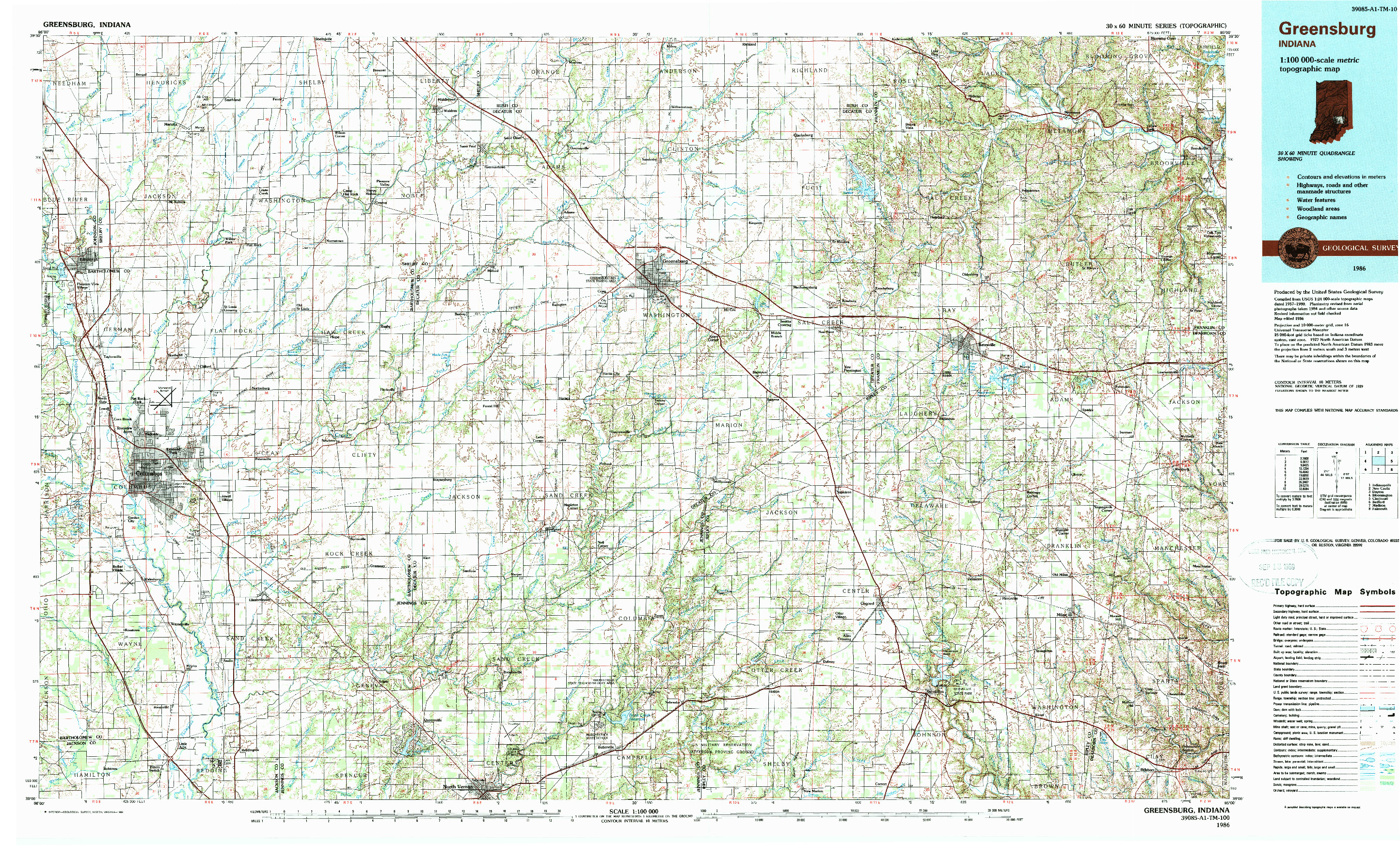 USGS 1:100000-SCALE QUADRANGLE FOR GREENSBURG, IN 1986