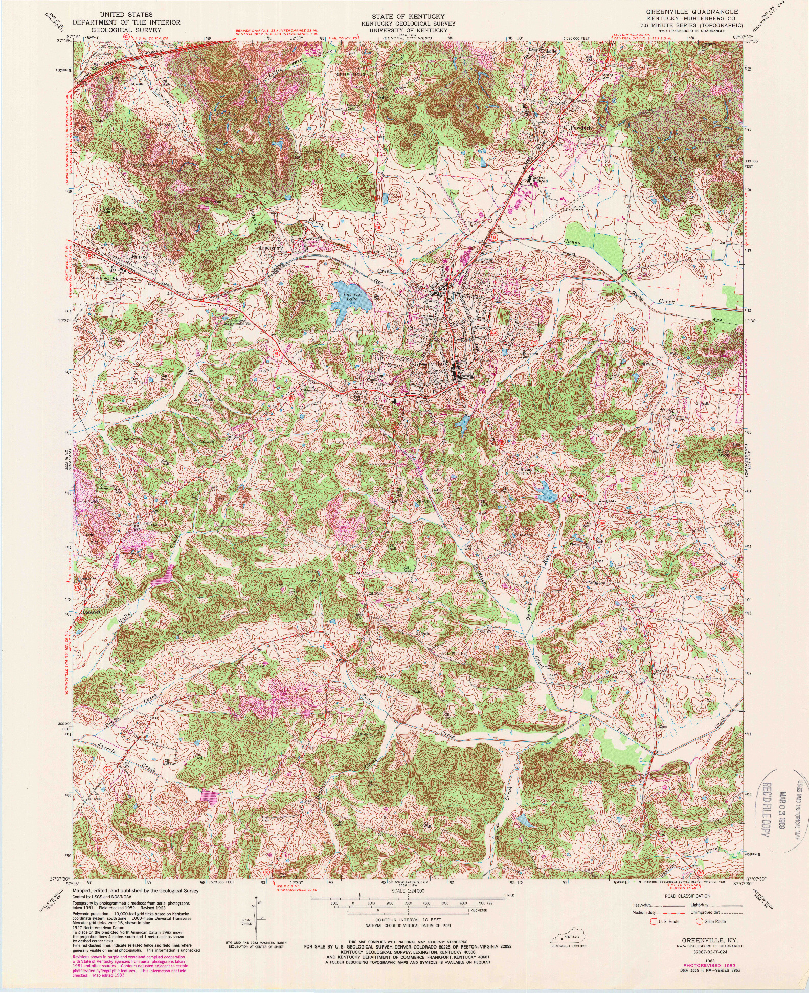 USGS 1:24000-SCALE QUADRANGLE FOR GREENVILLE, KY 1963