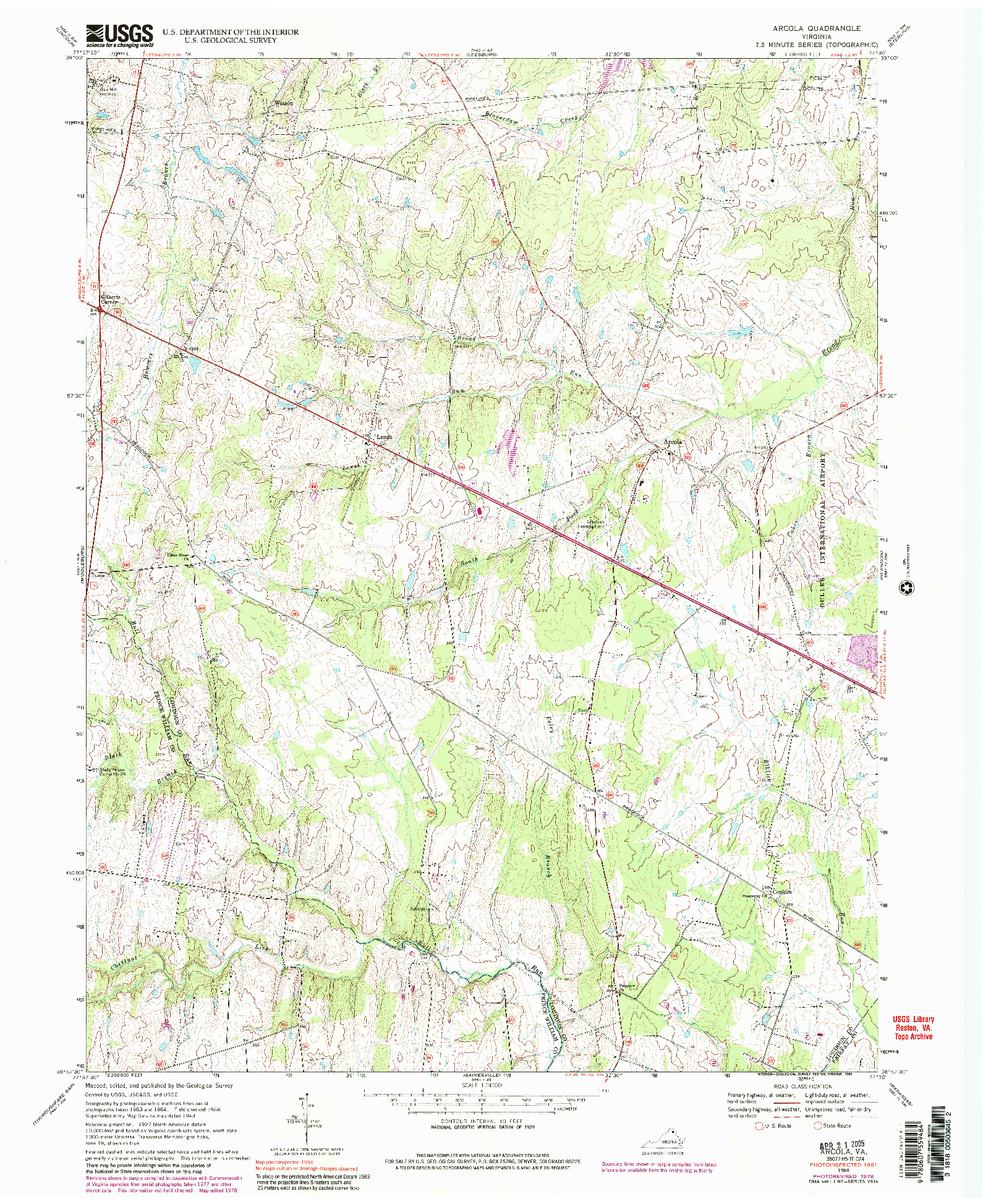 USGS 1:24000-SCALE QUADRANGLE FOR ARCOLA, VA 1968