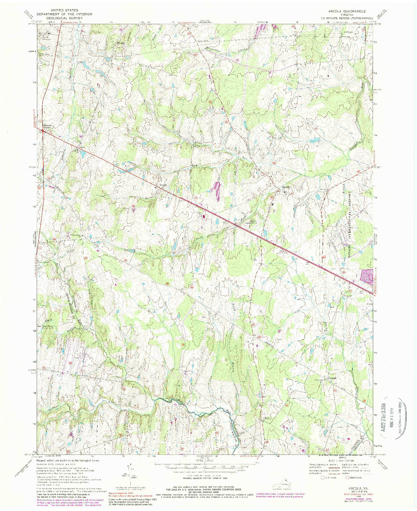 USGS 1:24000-SCALE QUADRANGLE FOR ARCOLA, VA 1968