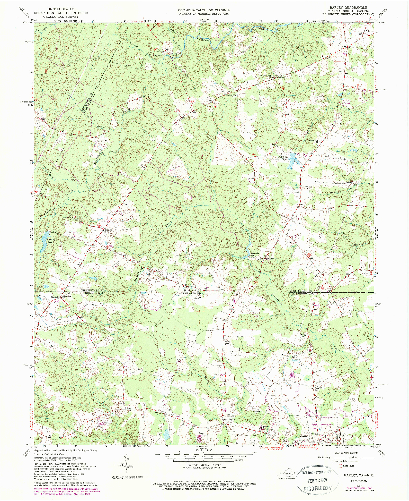 USGS 1:24000-SCALE QUADRANGLE FOR BARLEY, VA 1963