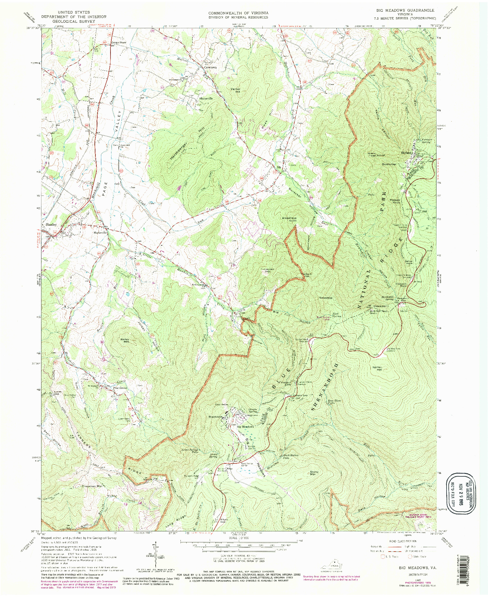 USGS 1:24000-SCALE QUADRANGLE FOR BIG MEADOWS, VA 1965