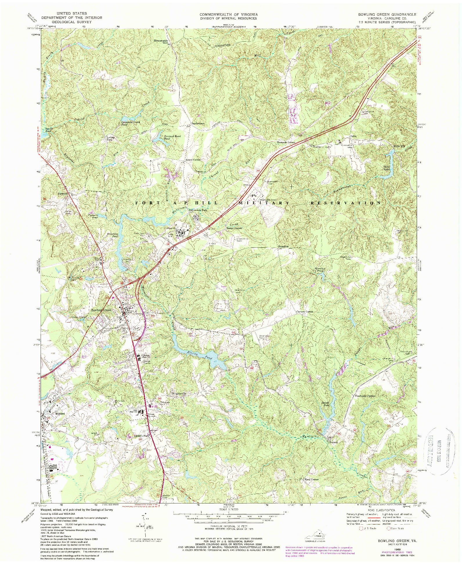 USGS 1:24000-SCALE QUADRANGLE FOR BOWLING GREEN, VA 1969