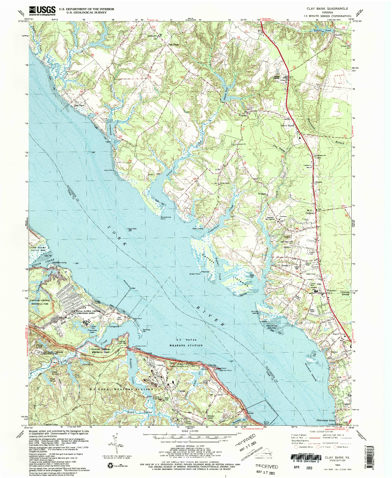 USGS 1:24000-SCALE QUADRANGLE FOR CLAY BANK, VA 1984