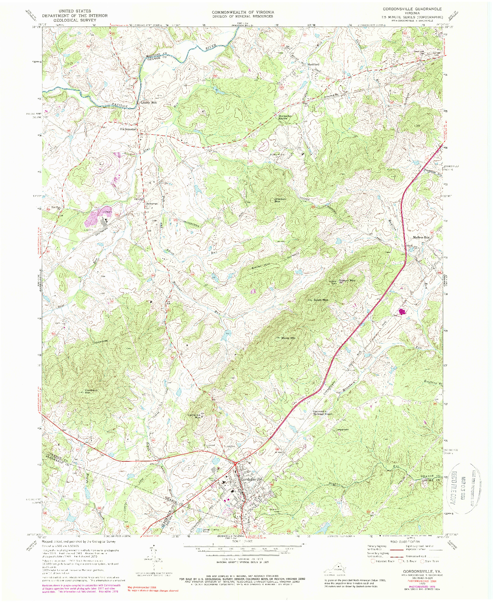 USGS 1:24000-SCALE QUADRANGLE FOR GORDONSVILLE, VA 1970