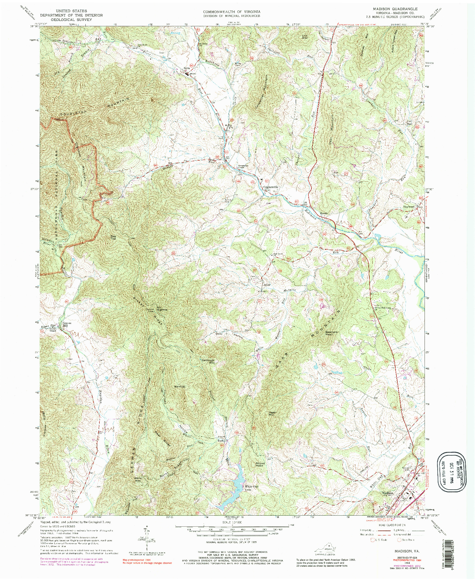 USGS 1:24000-SCALE QUADRANGLE FOR MADISON, VA 1964