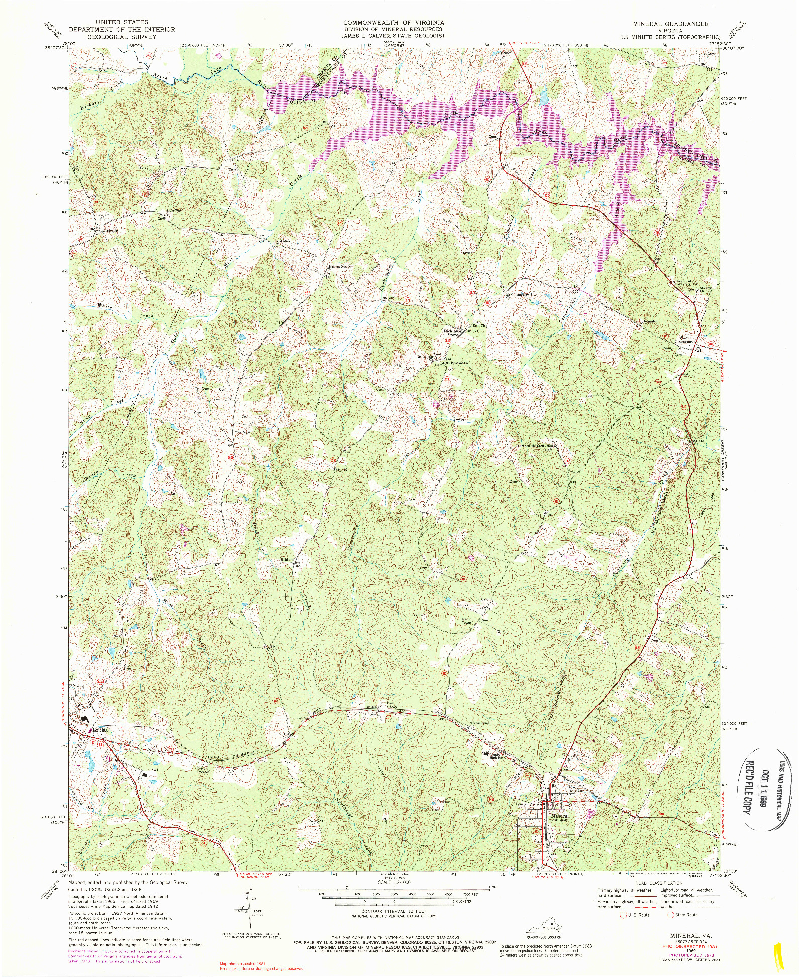 USGS 1:24000-SCALE QUADRANGLE FOR MINERAL, VA 1969
