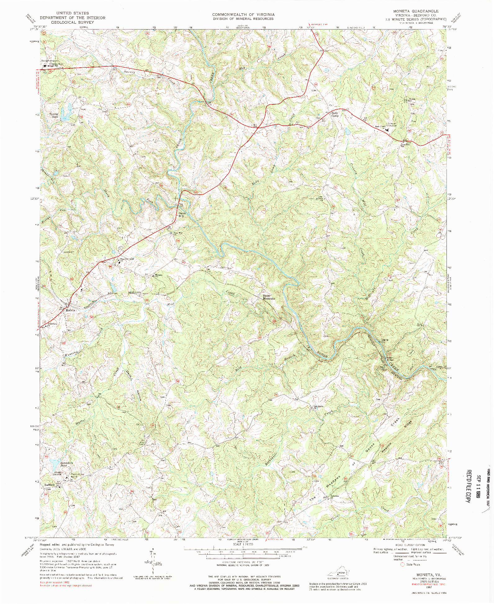USGS 1:24000-SCALE QUADRANGLE FOR MONETA, VA 1967