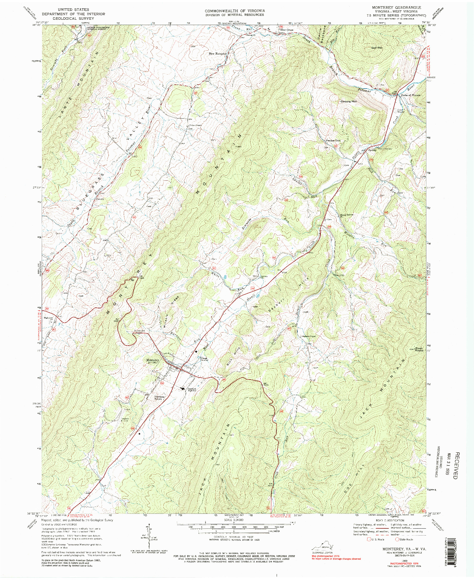 USGS 1:24000-SCALE QUADRANGLE FOR MONTEREY, VA 1969