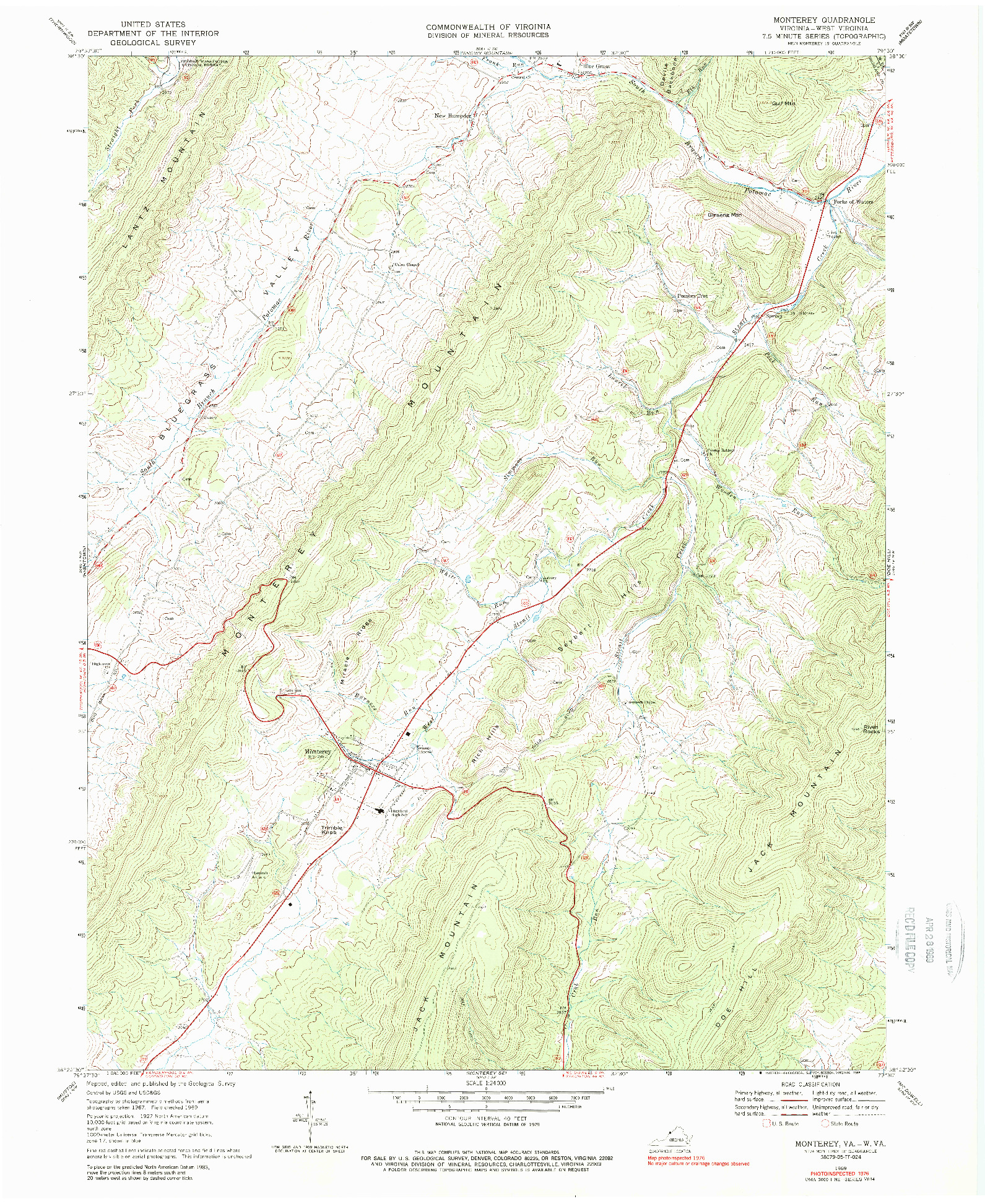 USGS 1:24000-SCALE QUADRANGLE FOR MONTEREY, VA 1969