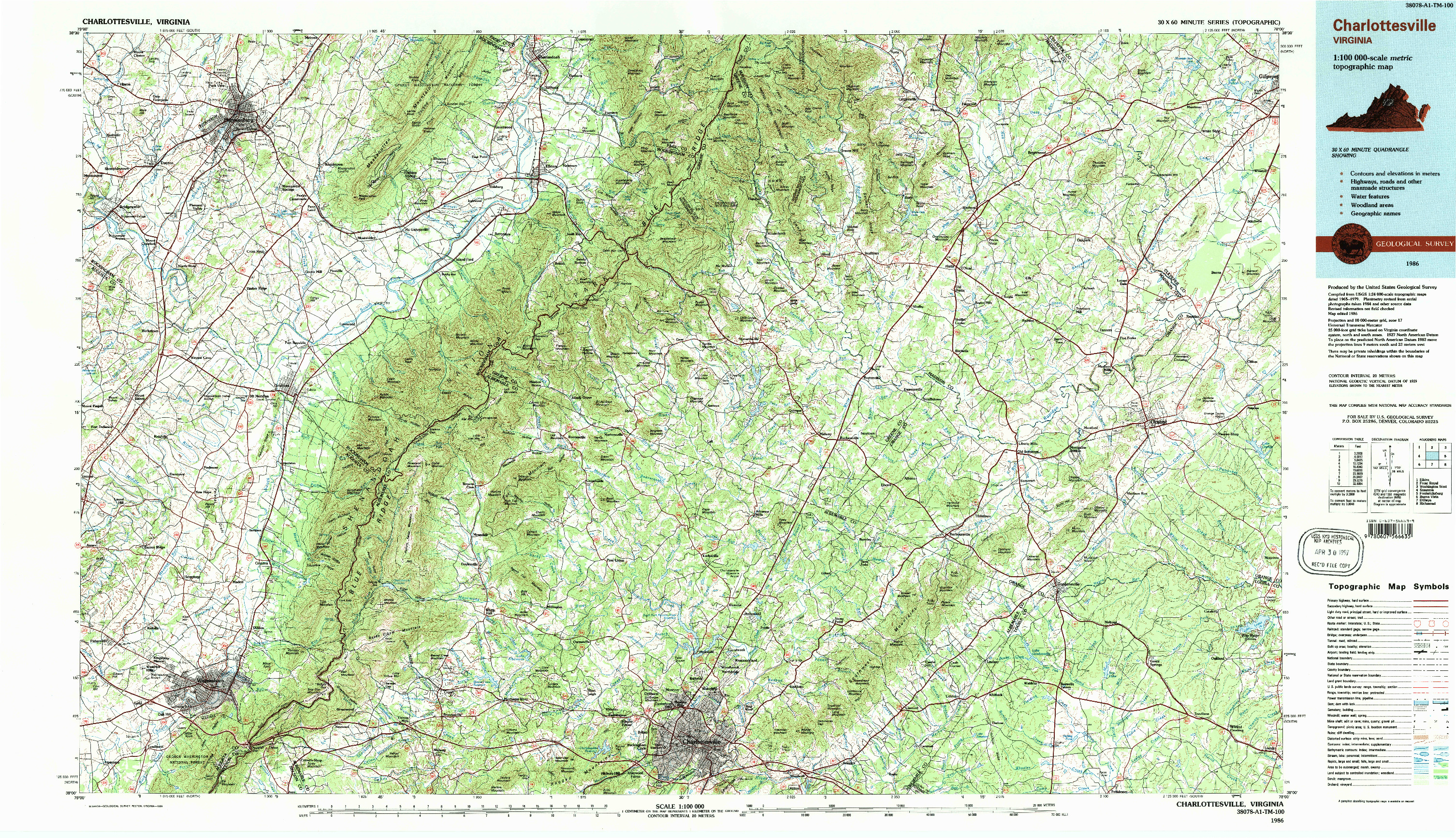 USGS 1:100000-SCALE QUADRANGLE FOR CHARLOTTESVILLE, VA 1986