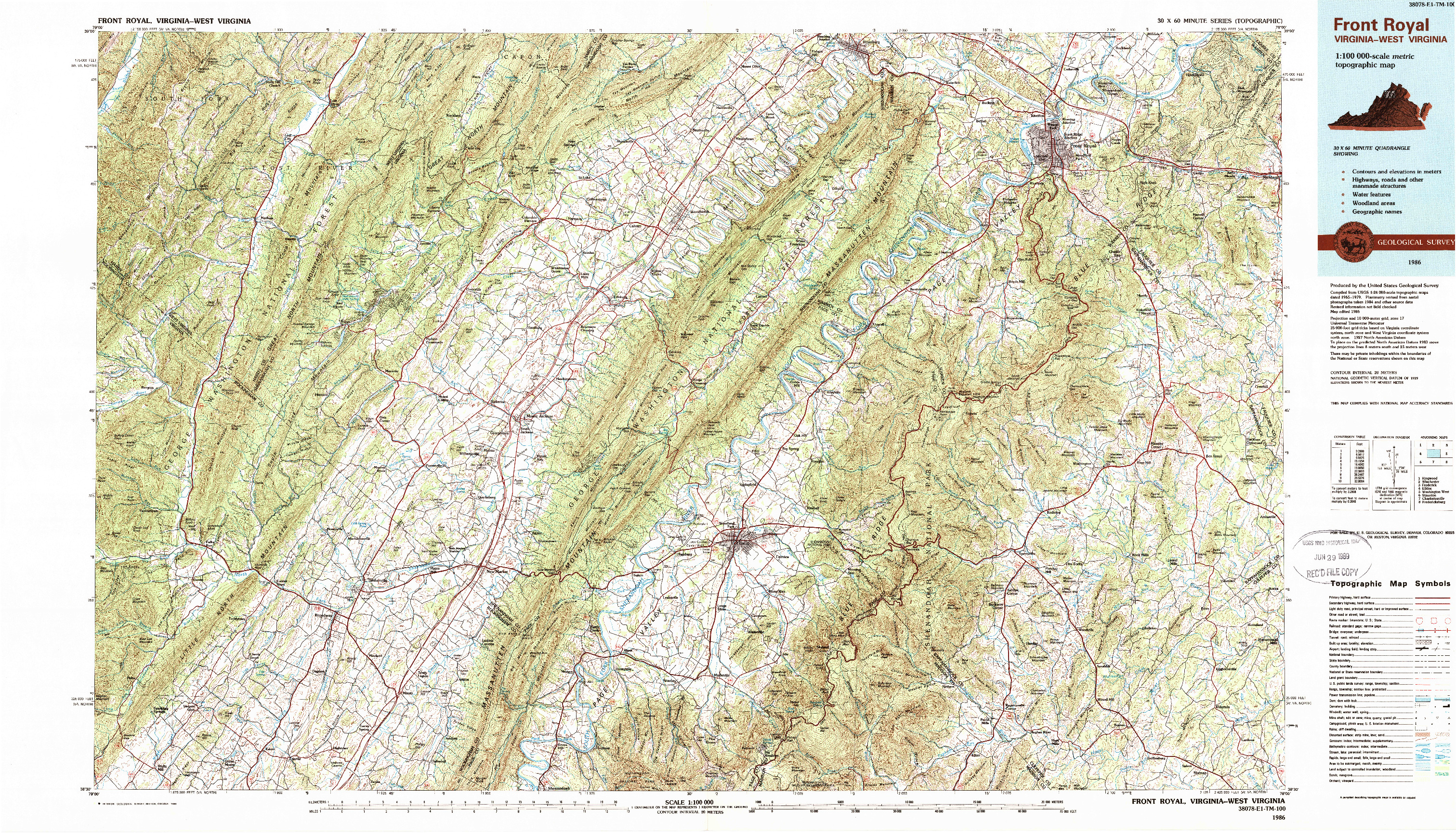 USGS 1:100000-SCALE QUADRANGLE FOR FRONT ROYAL, VA 1986