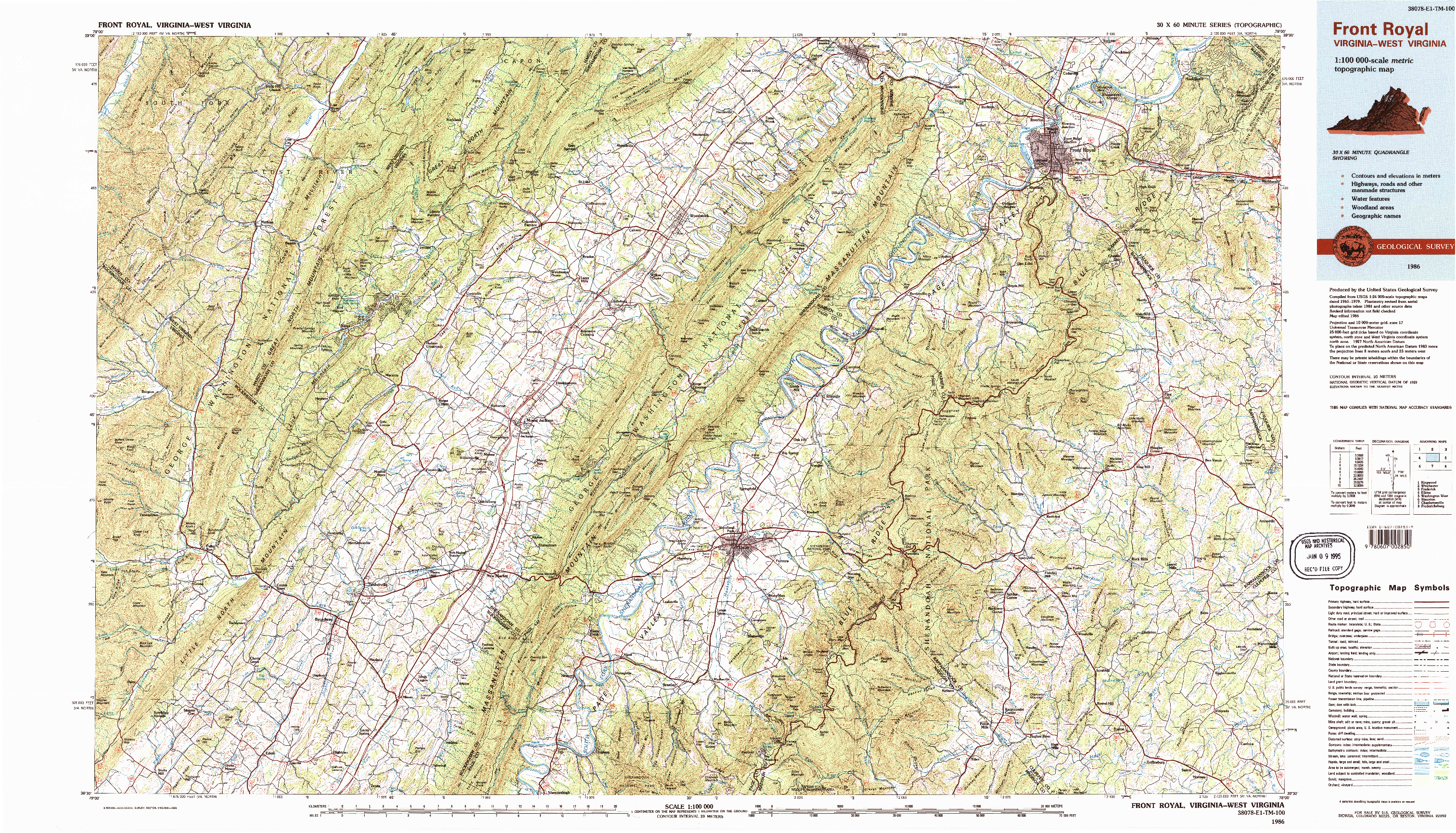 USGS 1:100000-SCALE QUADRANGLE FOR FRONT ROYAL, VA 1986