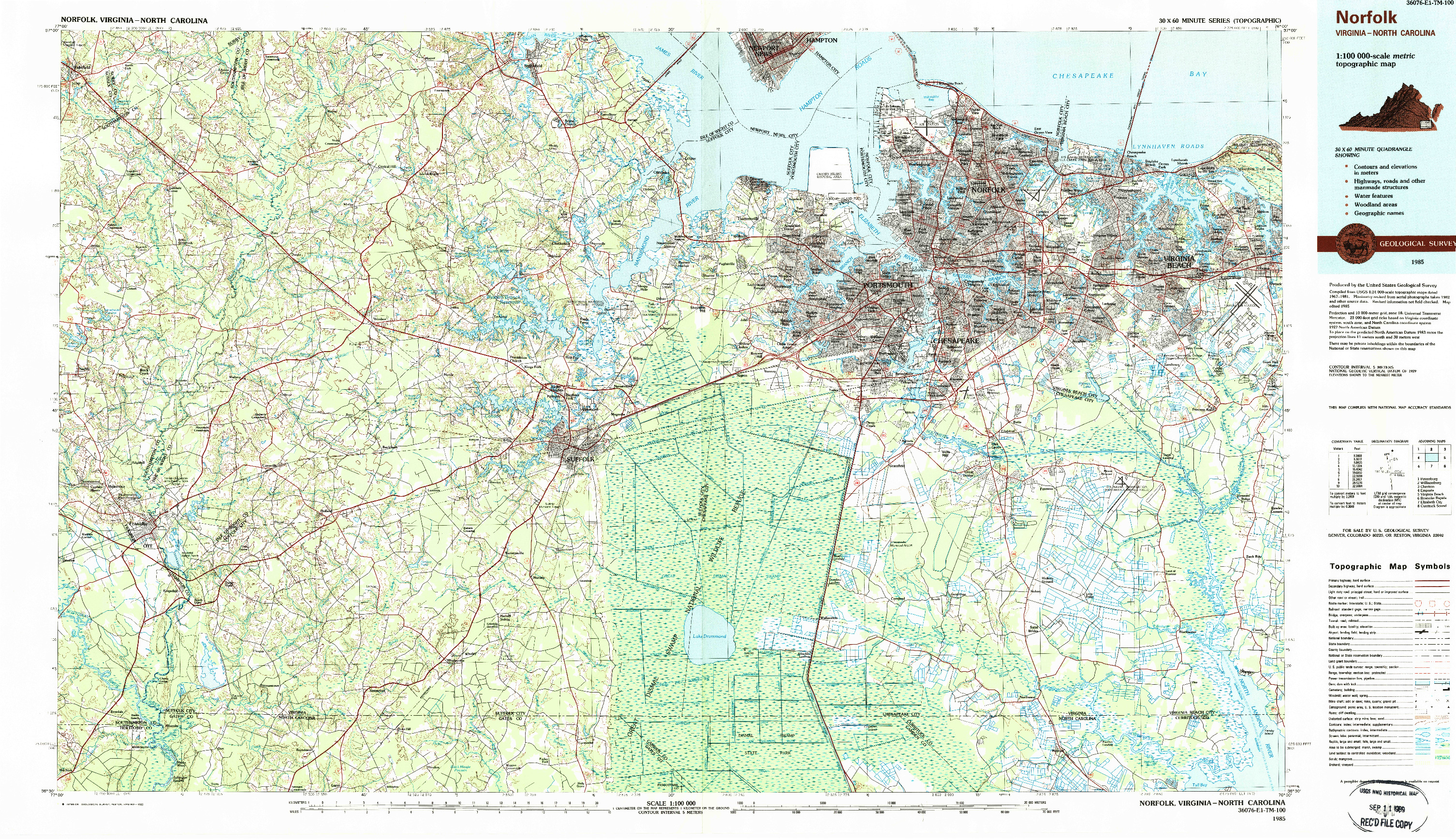 USGS 1:100000-SCALE QUADRANGLE FOR NORFOLK, VA 1985