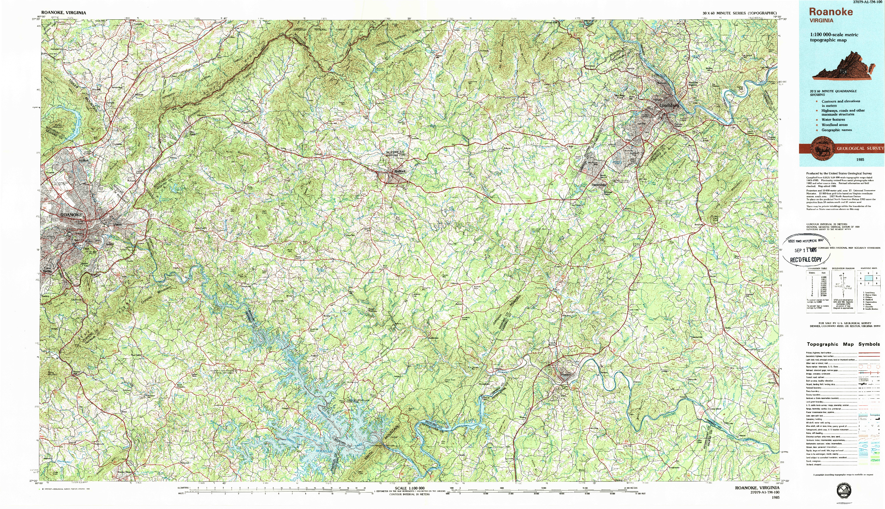 USGS 1:100000-SCALE QUADRANGLE FOR ROANOKE, VA 1985