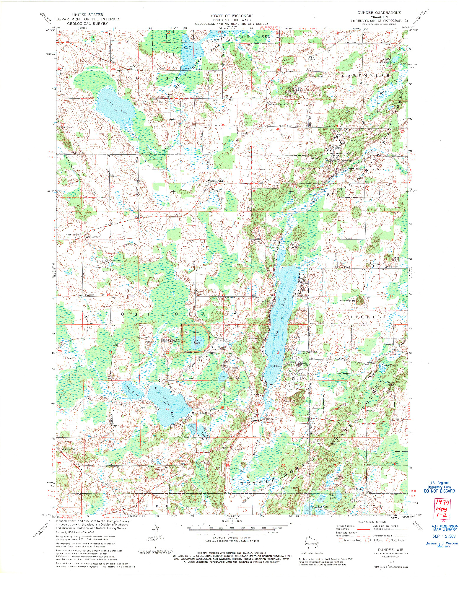 USGS 1:24000-SCALE QUADRANGLE FOR DUNDEE, WI 1974