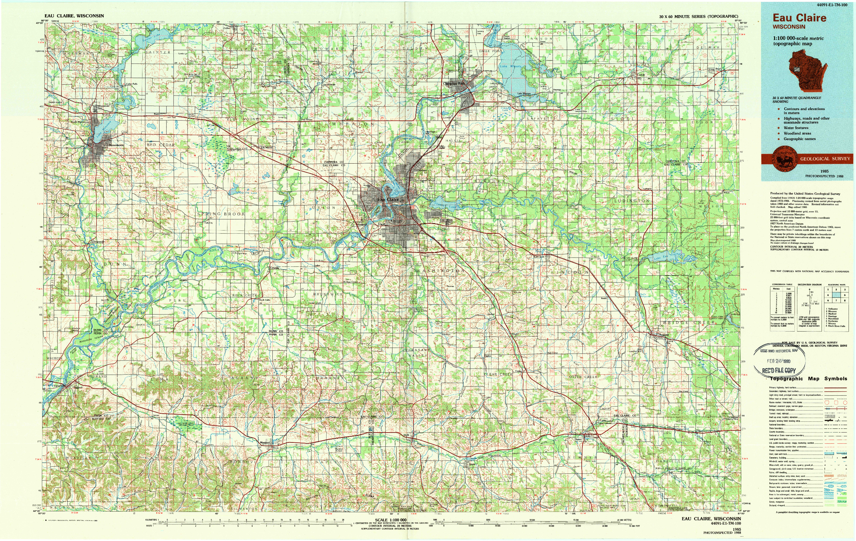 USGS 1:100000-SCALE QUADRANGLE FOR EAU CLAIRE, WI 1985