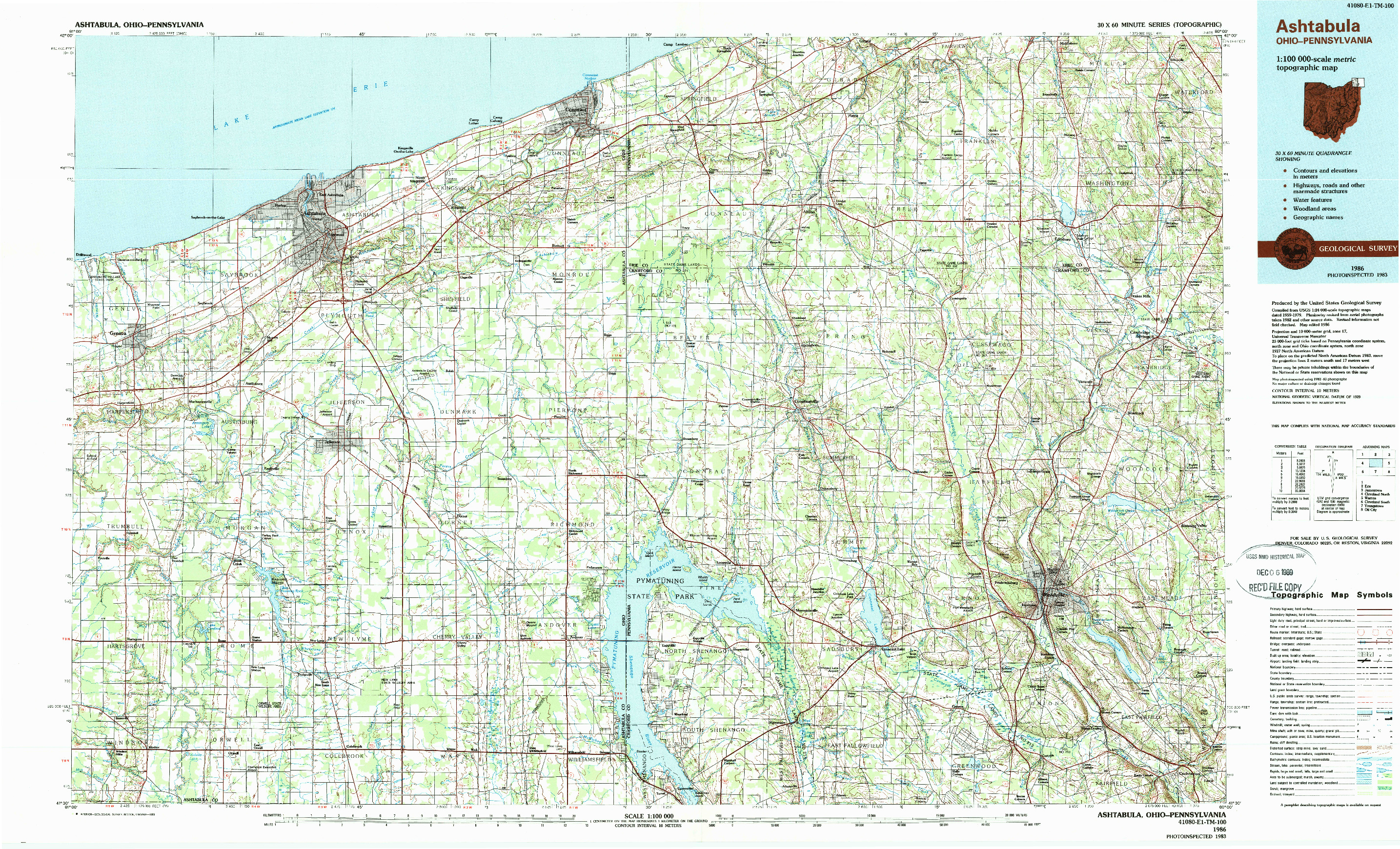 USGS 1:100000-SCALE QUADRANGLE FOR ASHTABULA, OH 1986