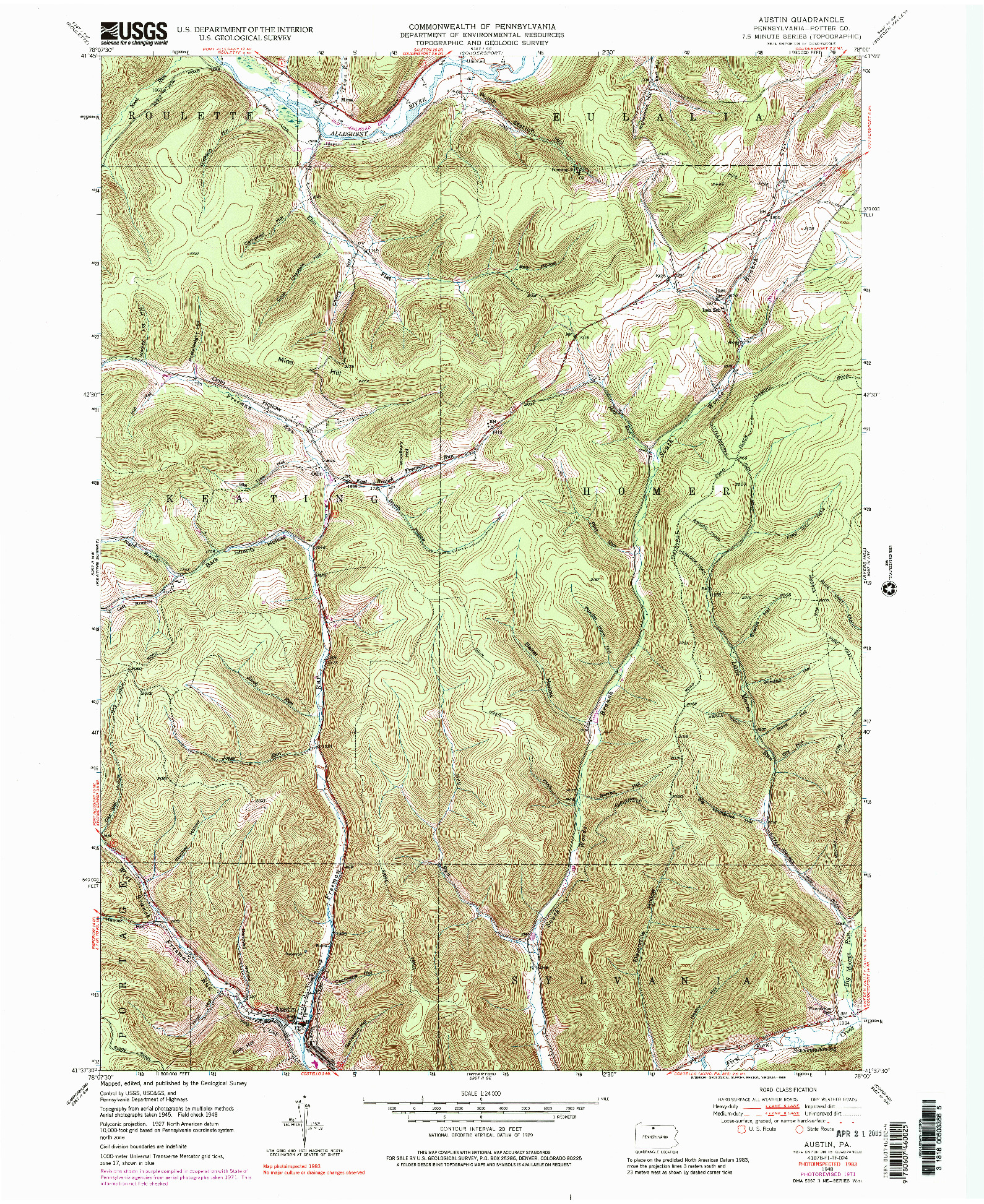 USGS 1:24000-SCALE QUADRANGLE FOR AUSTIN, PA 1948