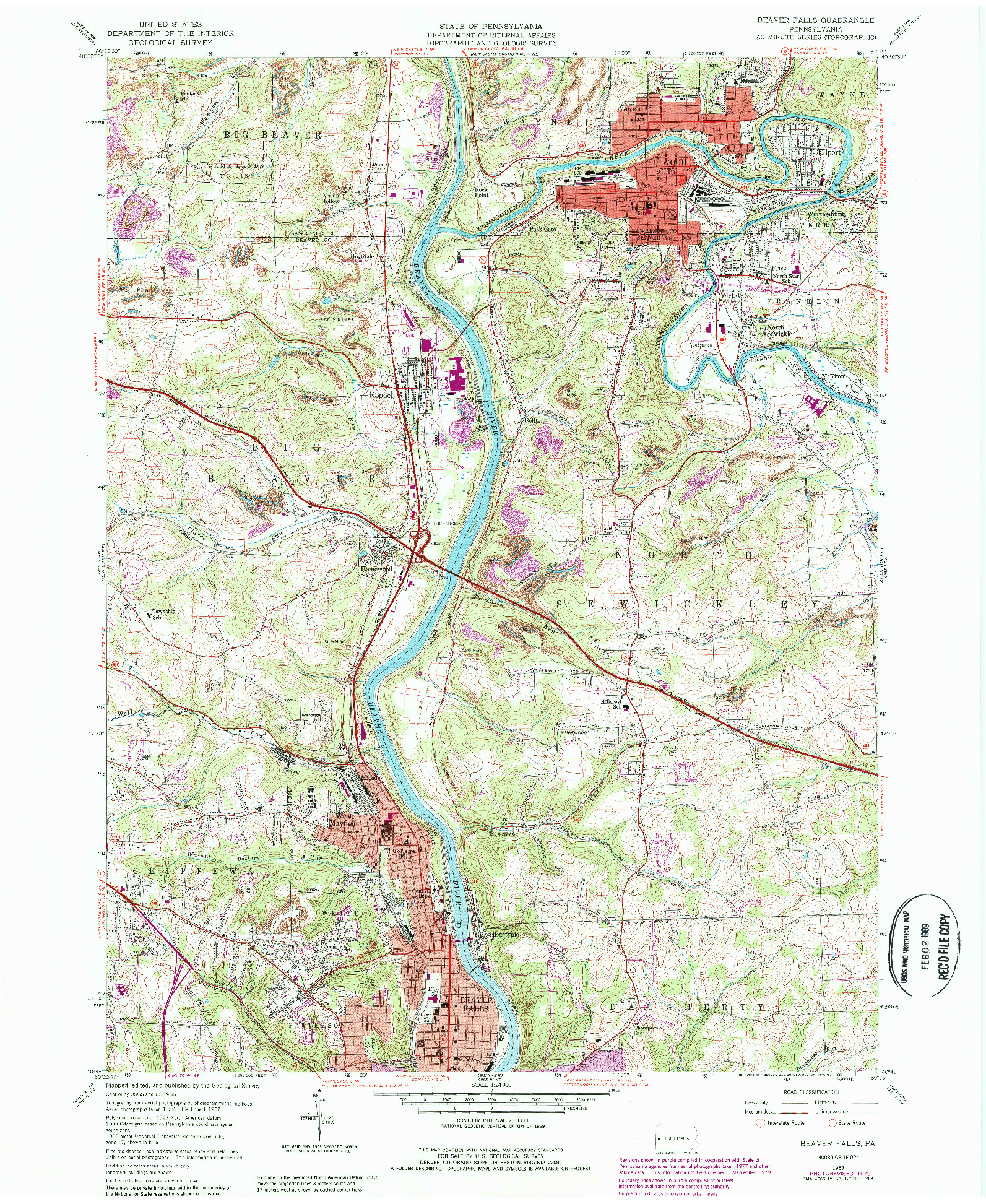 USGS 1:24000-SCALE QUADRANGLE FOR BEAVER FALLS, PA 1957