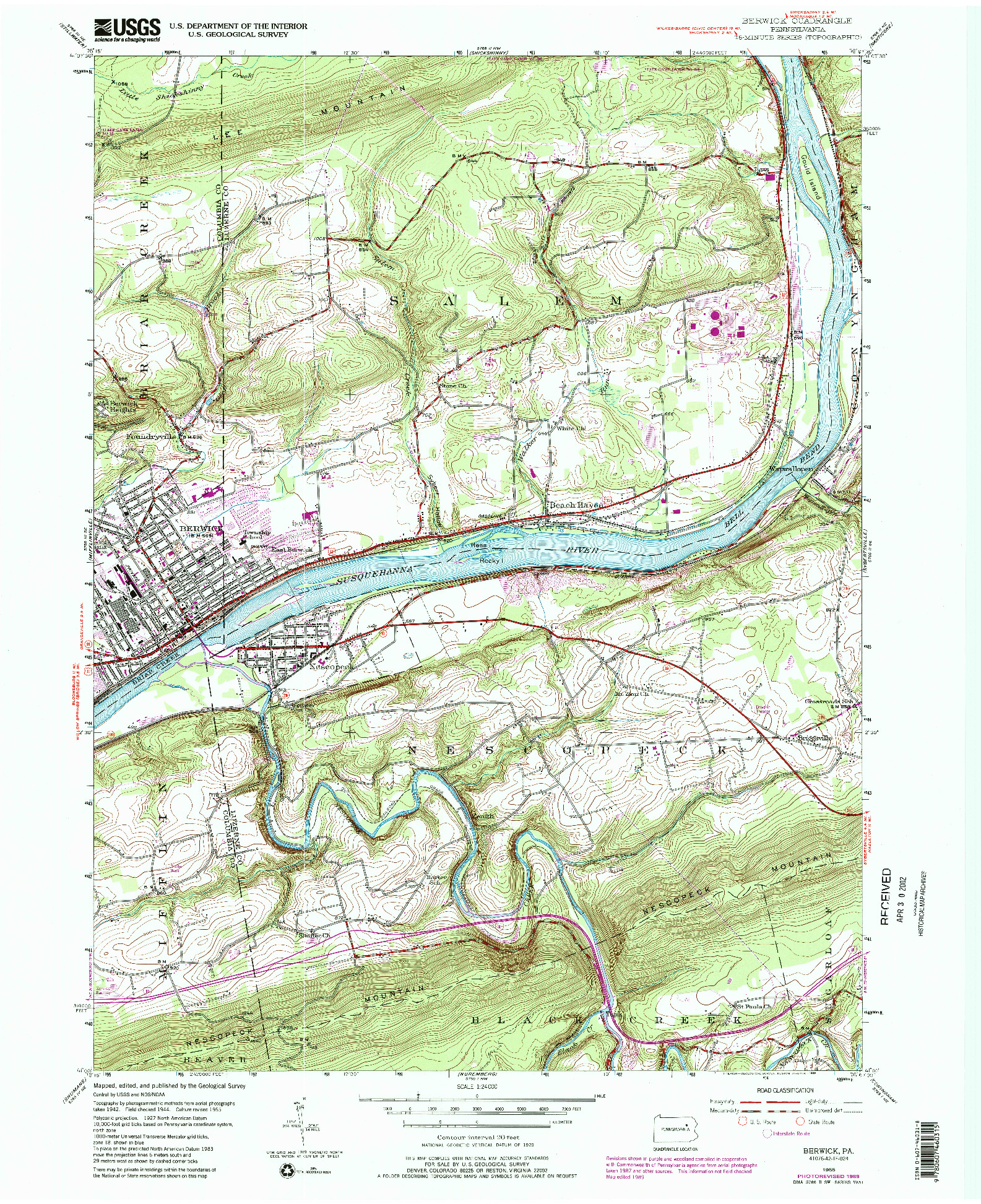 USGS 1:24000-SCALE QUADRANGLE FOR BERWICK, PA 1955