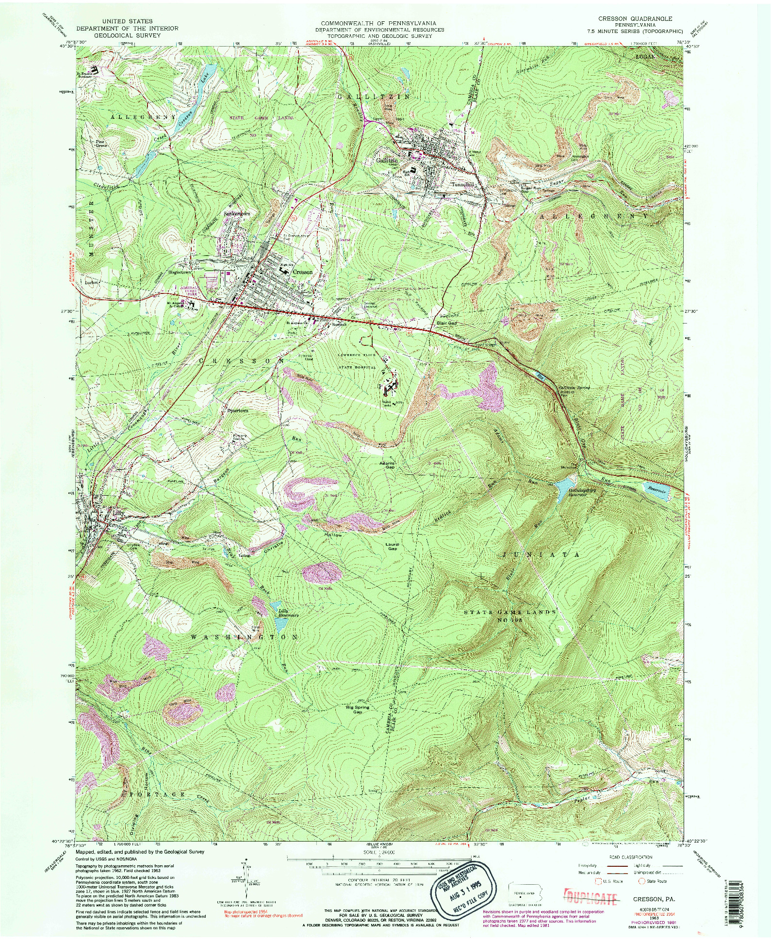 USGS 1:24000-SCALE QUADRANGLE FOR CRESSON, PA 1963