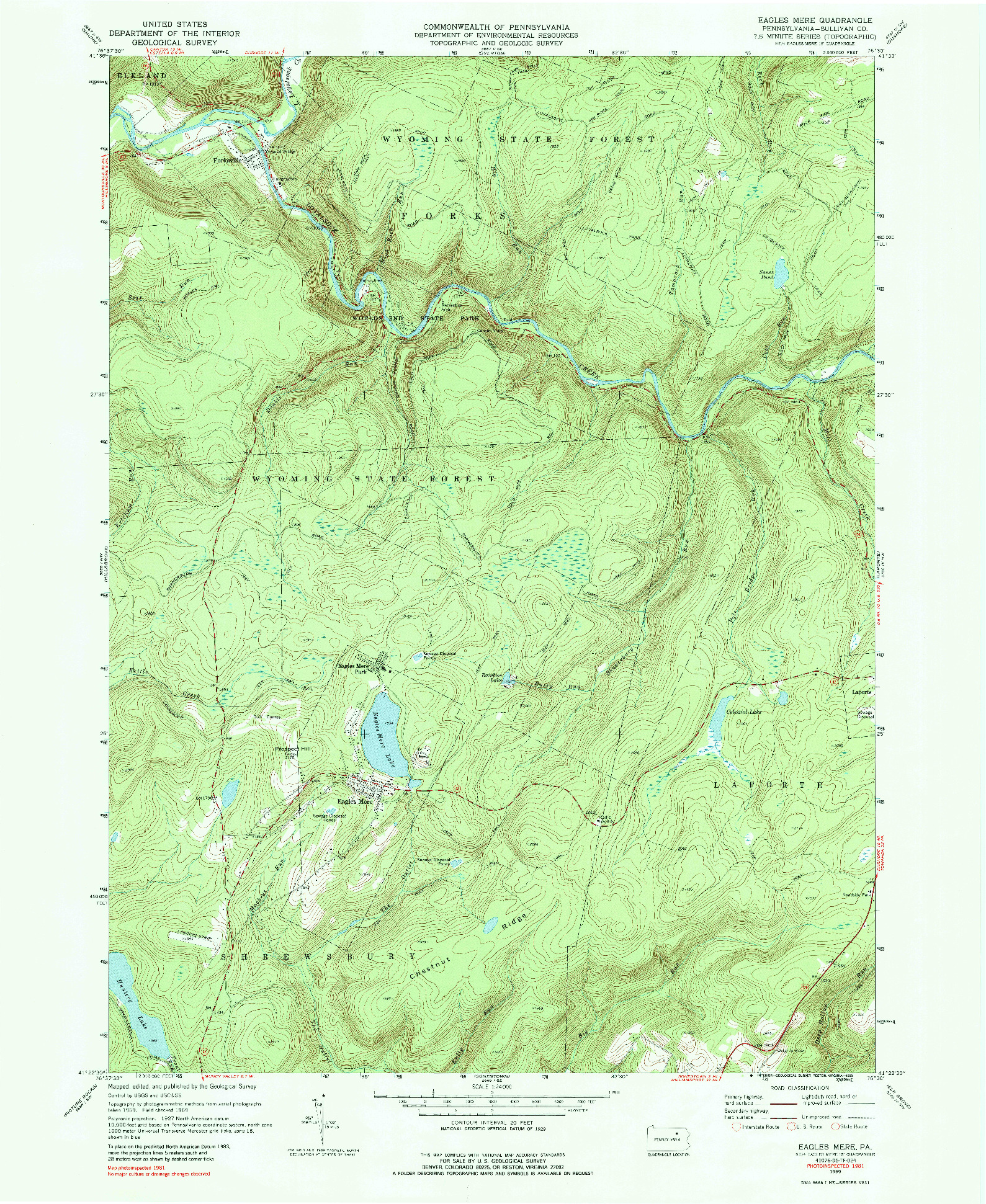 USGS 1:24000-SCALE QUADRANGLE FOR EAGLES MERE, PA 1969