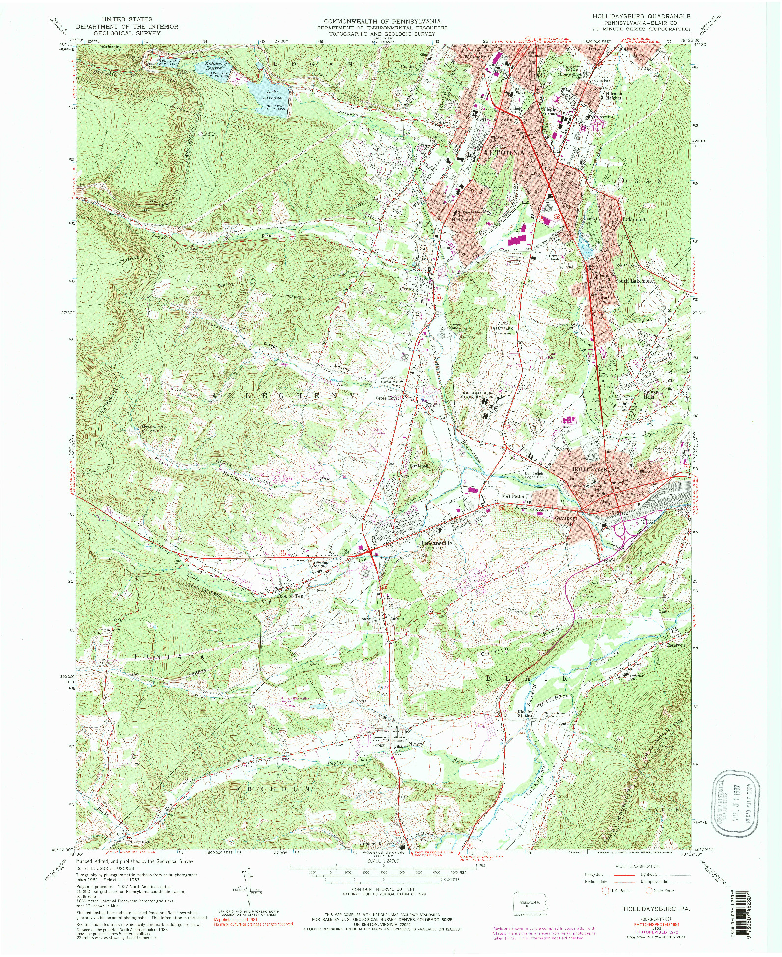 USGS 1:24000-SCALE QUADRANGLE FOR HOLLIDAYSBURG, PA 1963