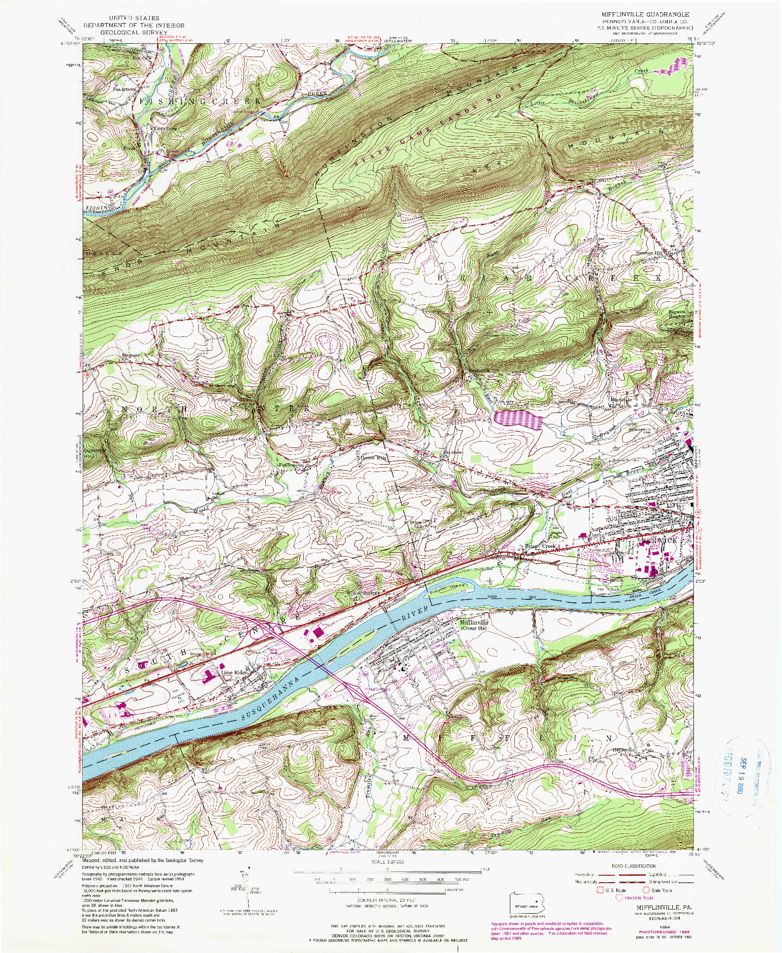 USGS 1:24000-SCALE QUADRANGLE FOR MIFFLINVILLE, PA 1954