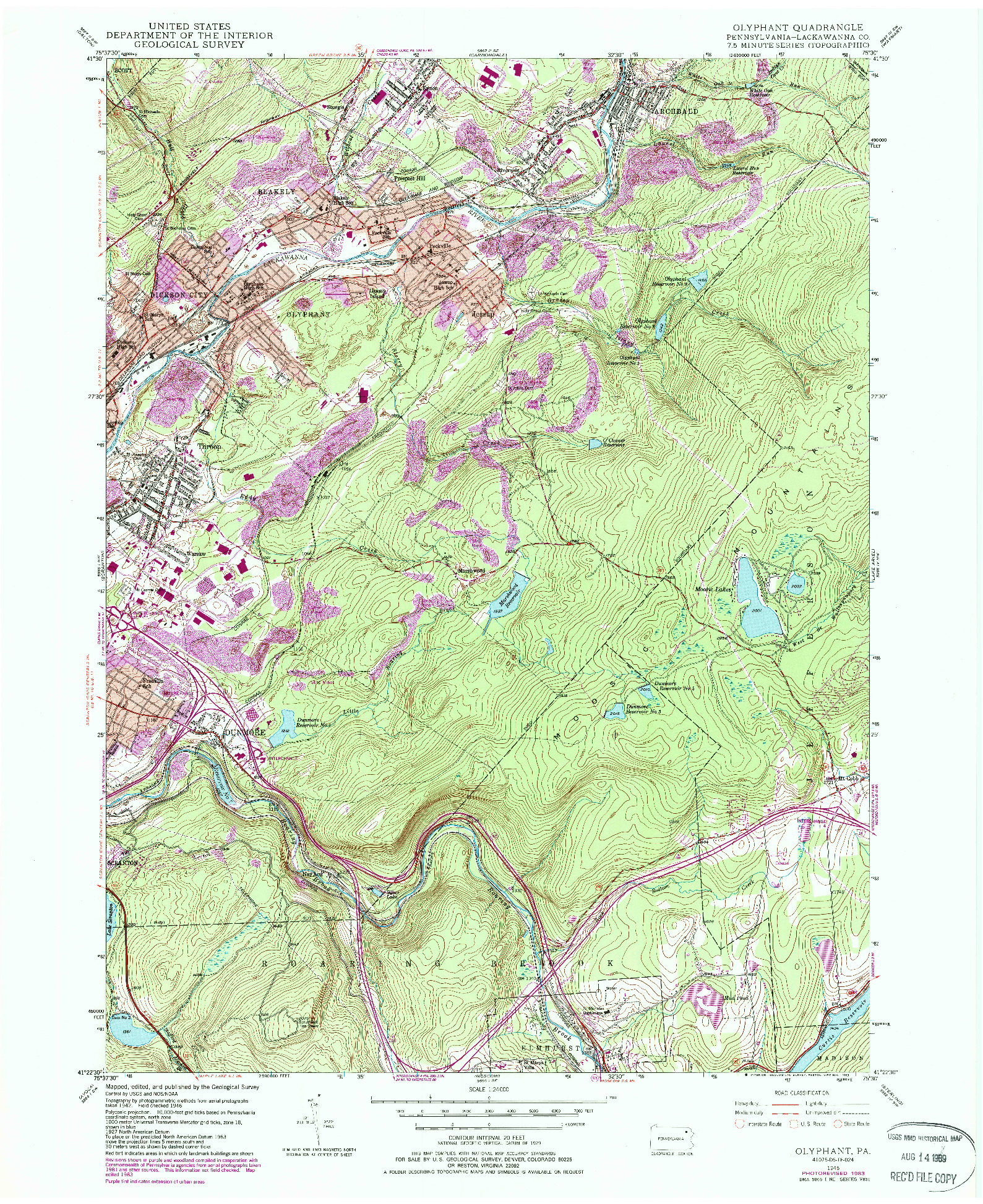 USGS 1:24000-SCALE QUADRANGLE FOR OLYPHANT, PA 1946