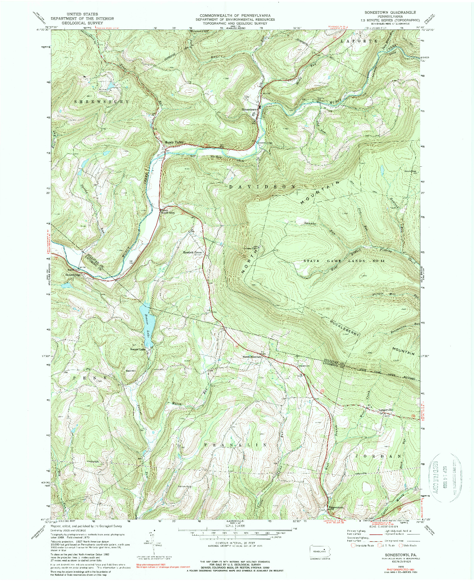 USGS 1:24000-SCALE QUADRANGLE FOR SONESTOWN, PA 1970