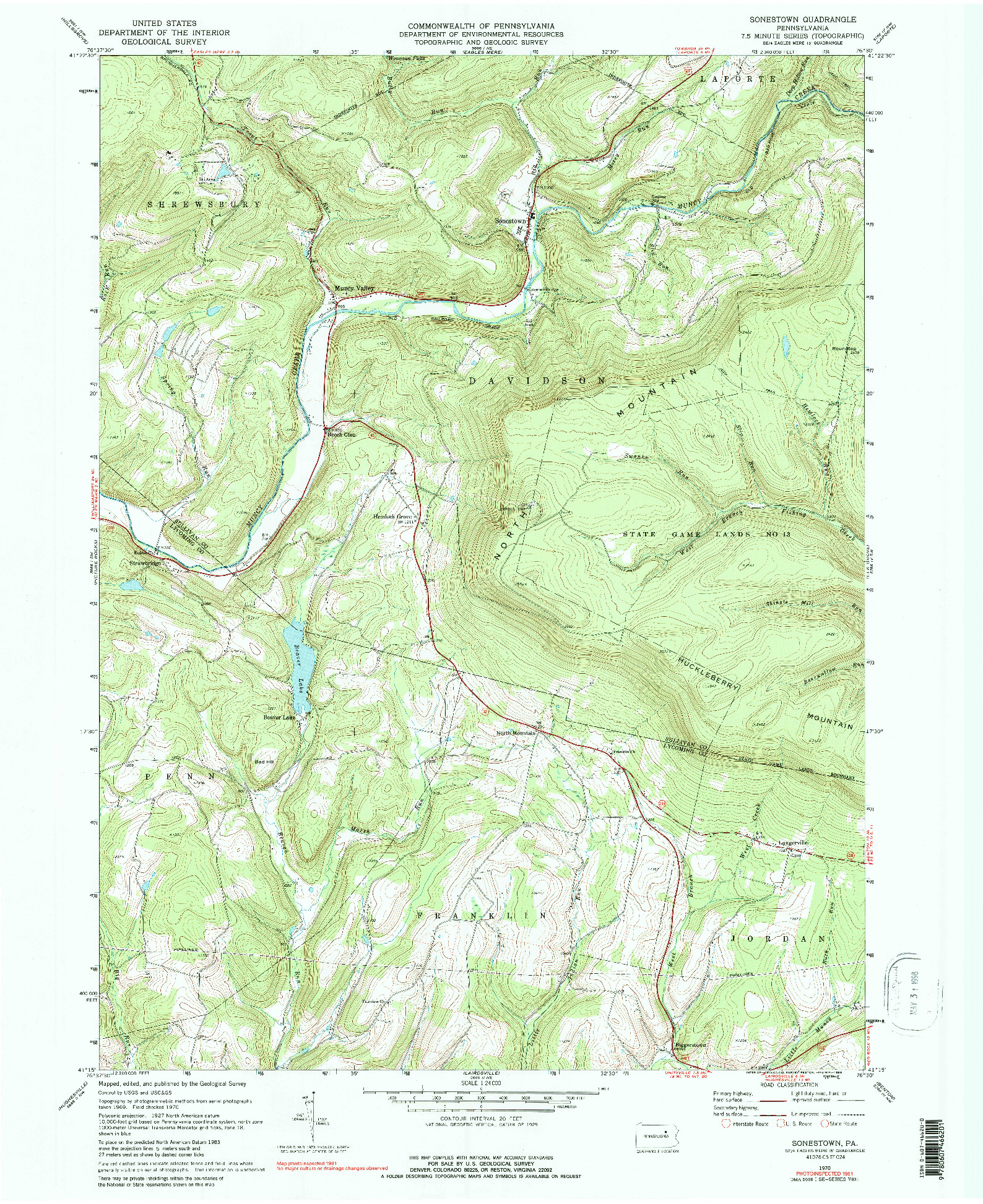 USGS 1:24000-SCALE QUADRANGLE FOR SONESTOWN, PA 1970