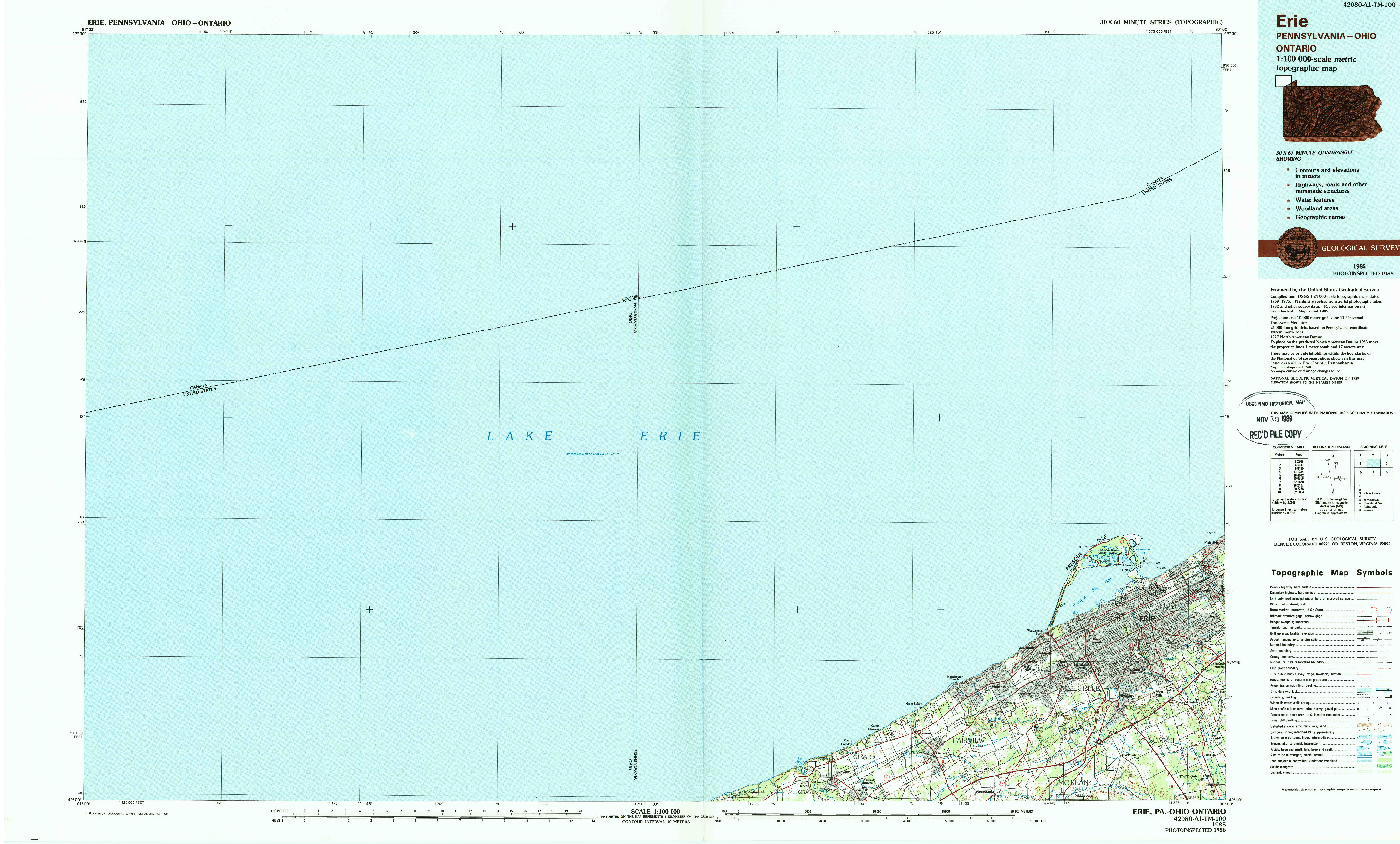 USGS 1:100000-SCALE QUADRANGLE FOR ERIE, PA 1988
