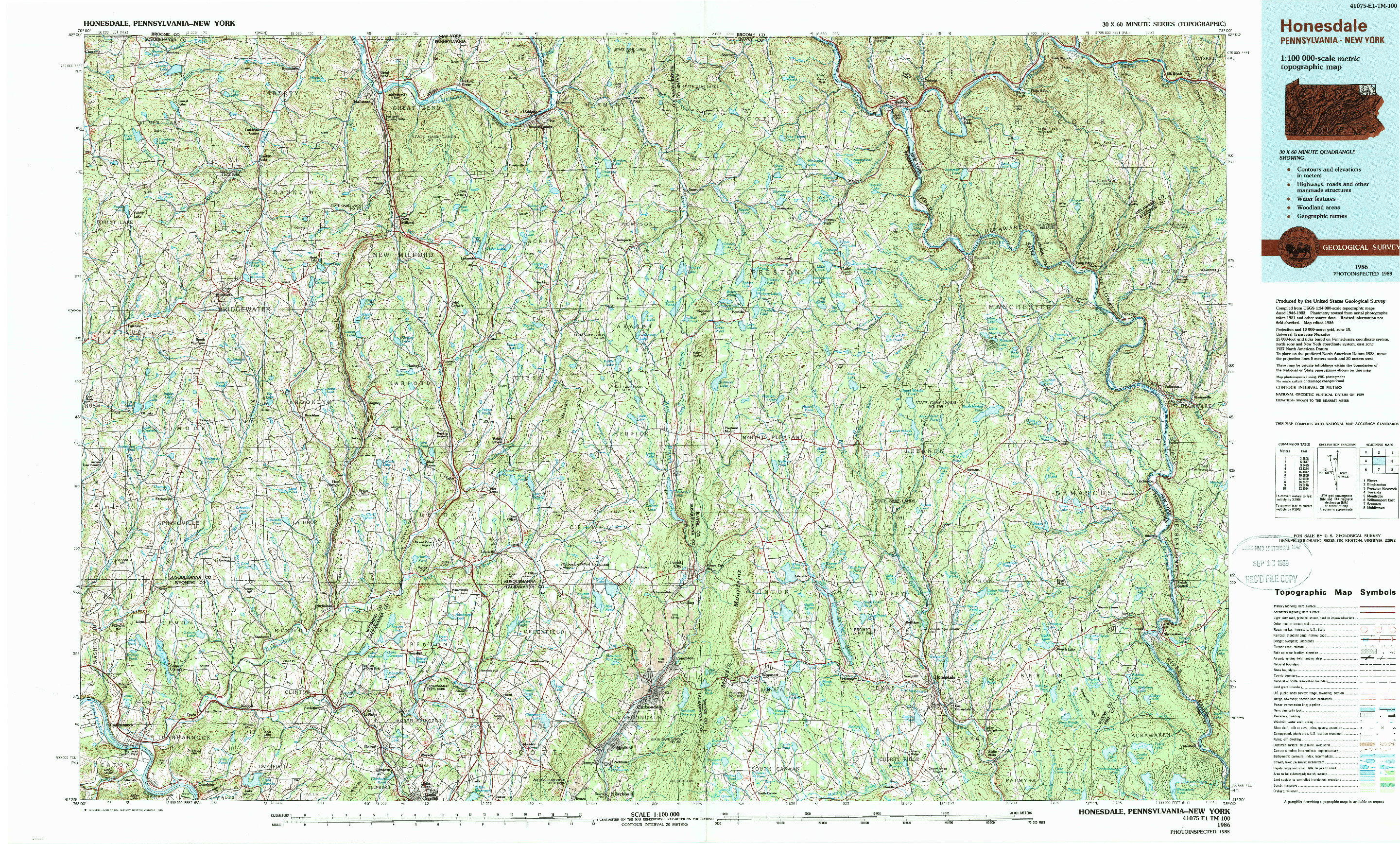 USGS 1:100000-SCALE QUADRANGLE FOR HONESDALE, PA 1986