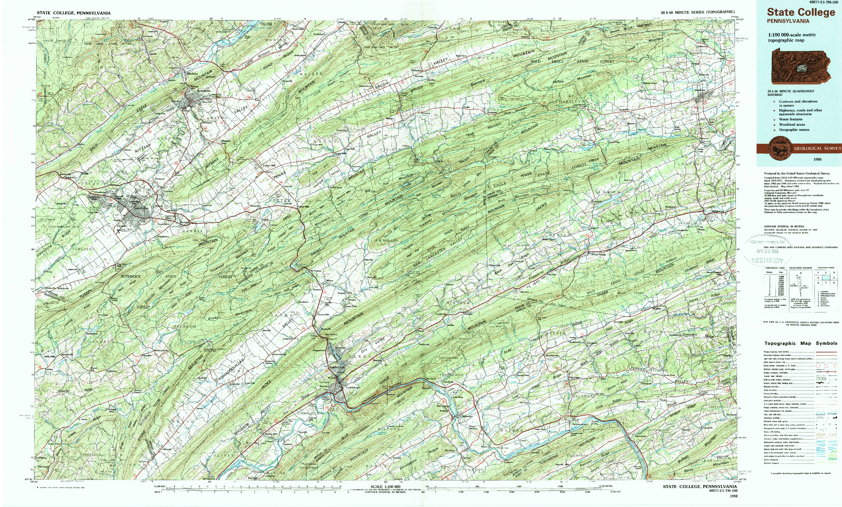 USGS 1:100000-SCALE QUADRANGLE FOR STATE COLLEGE, PA 1988