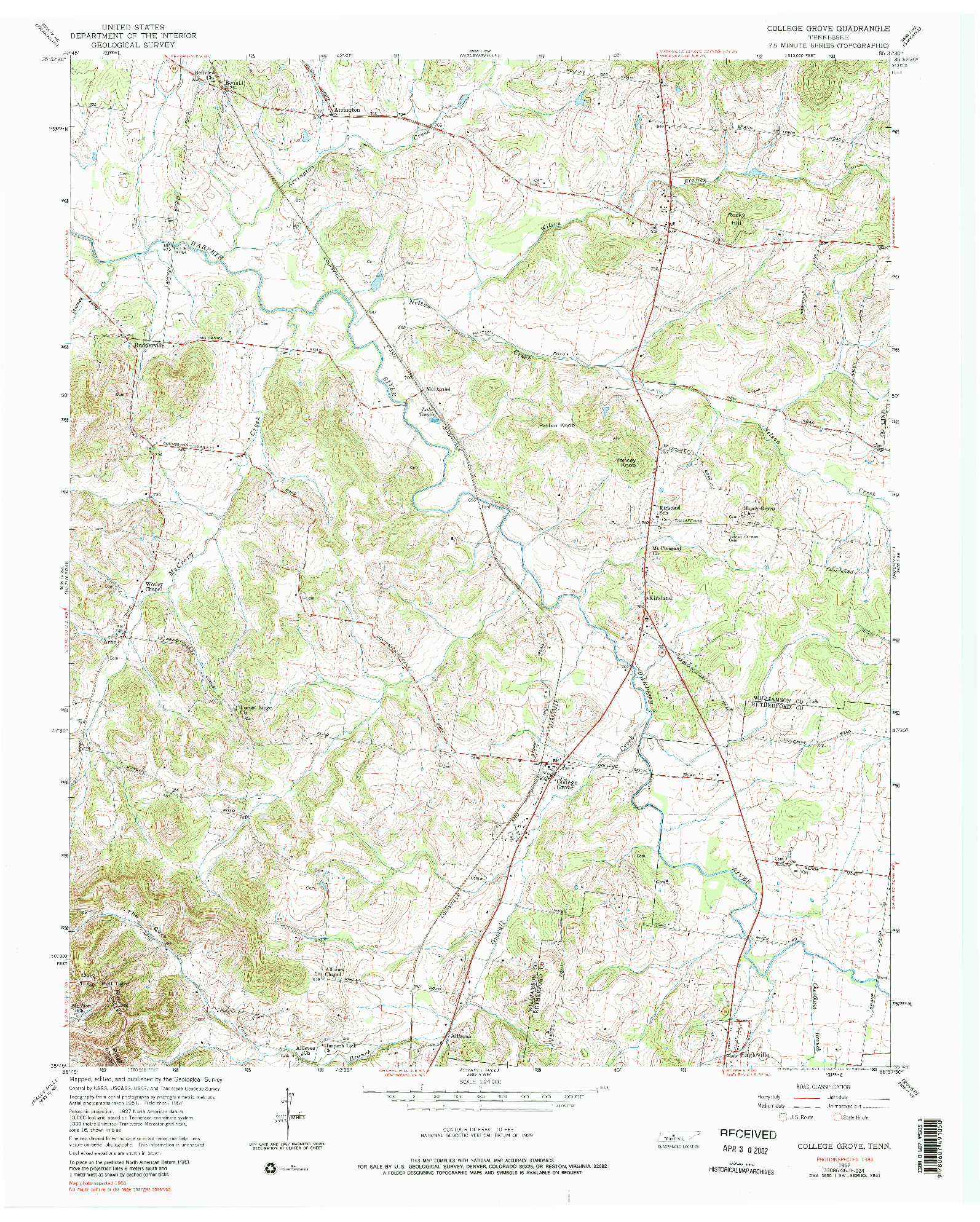 USGS 1:24000-SCALE QUADRANGLE FOR COLLEGE GROVE, TN 1957