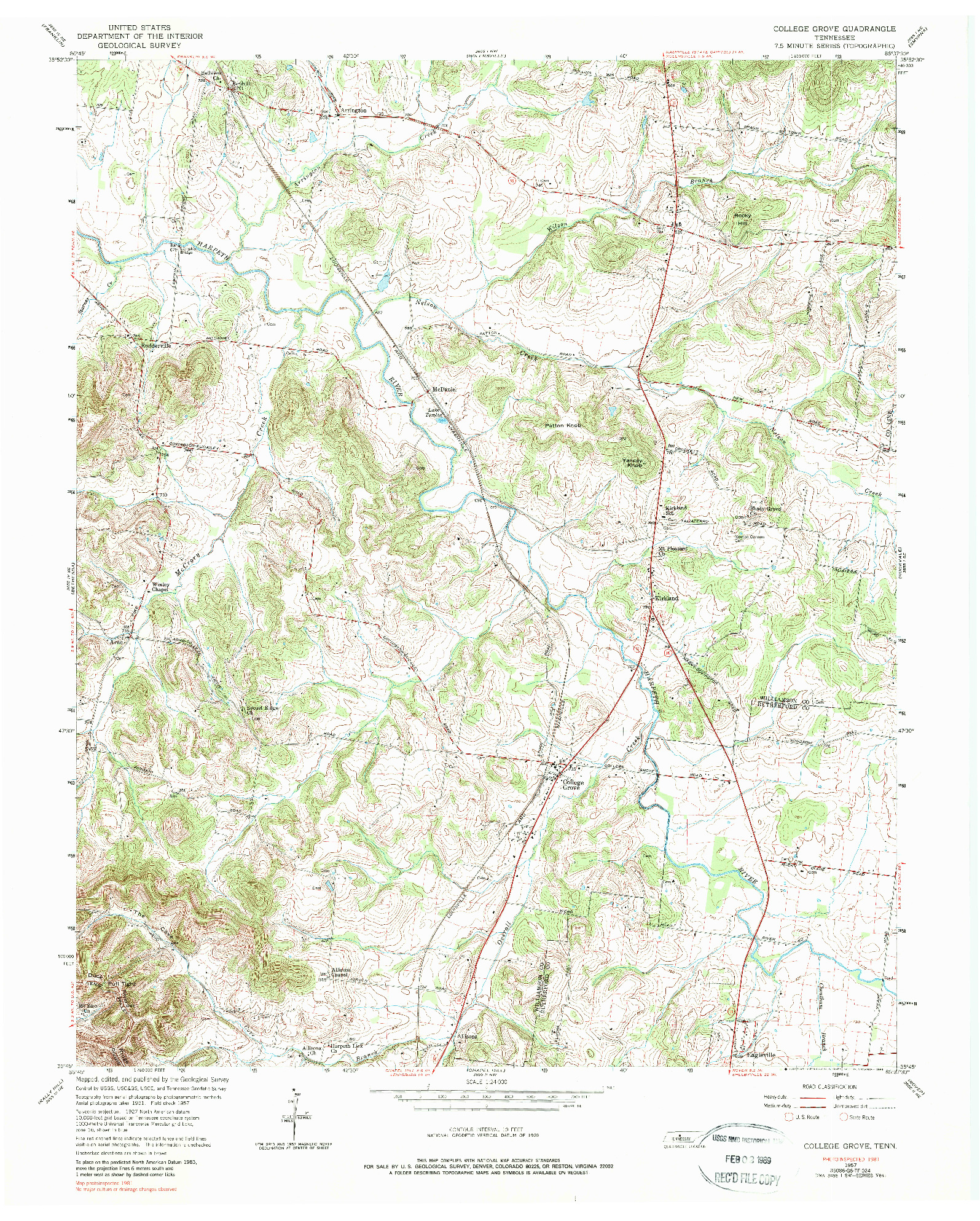 USGS 1:24000-SCALE QUADRANGLE FOR COLLEGE GROVE, TN 1957