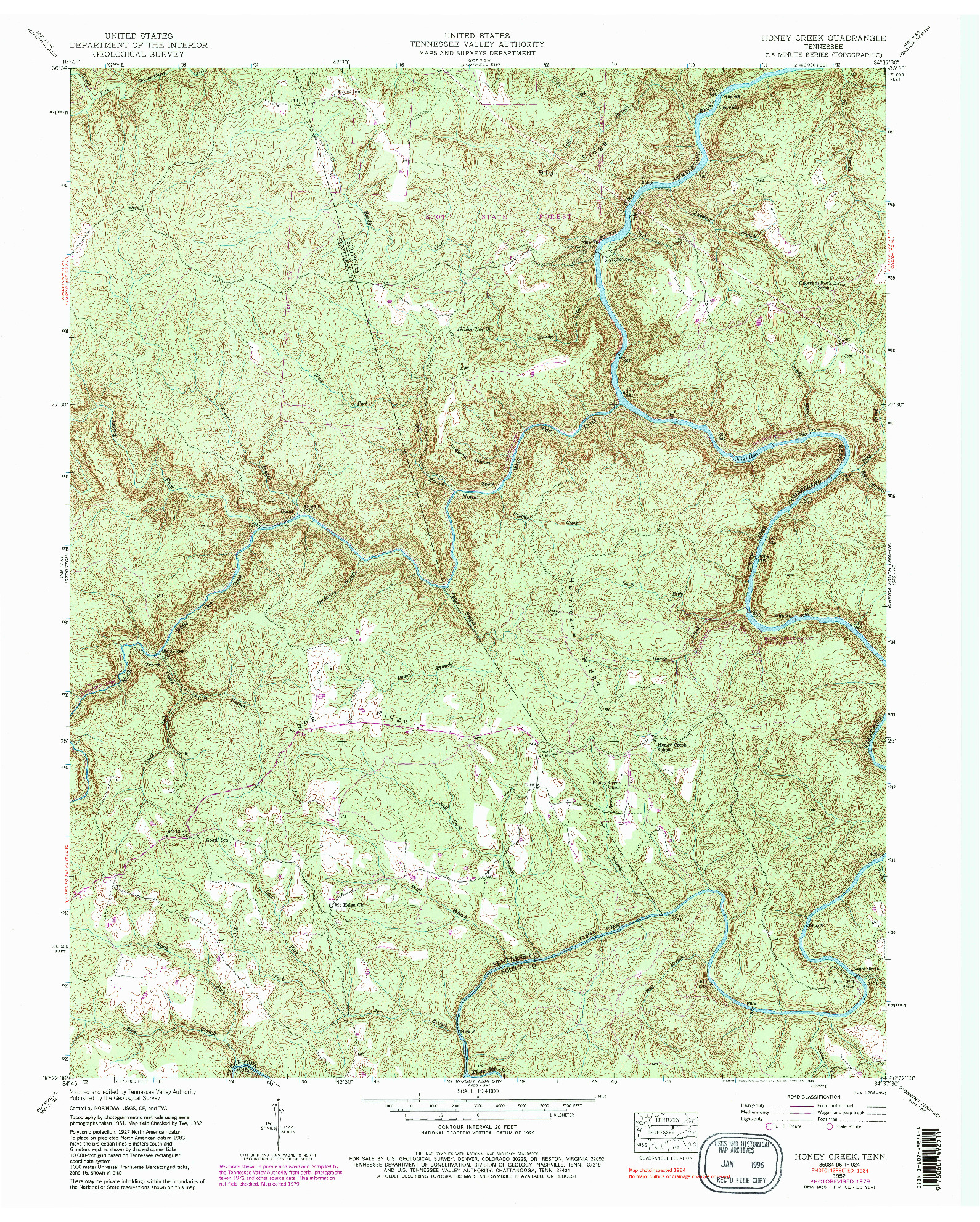 USGS 1:24000-SCALE QUADRANGLE FOR HONEY CREEK, TN 1952