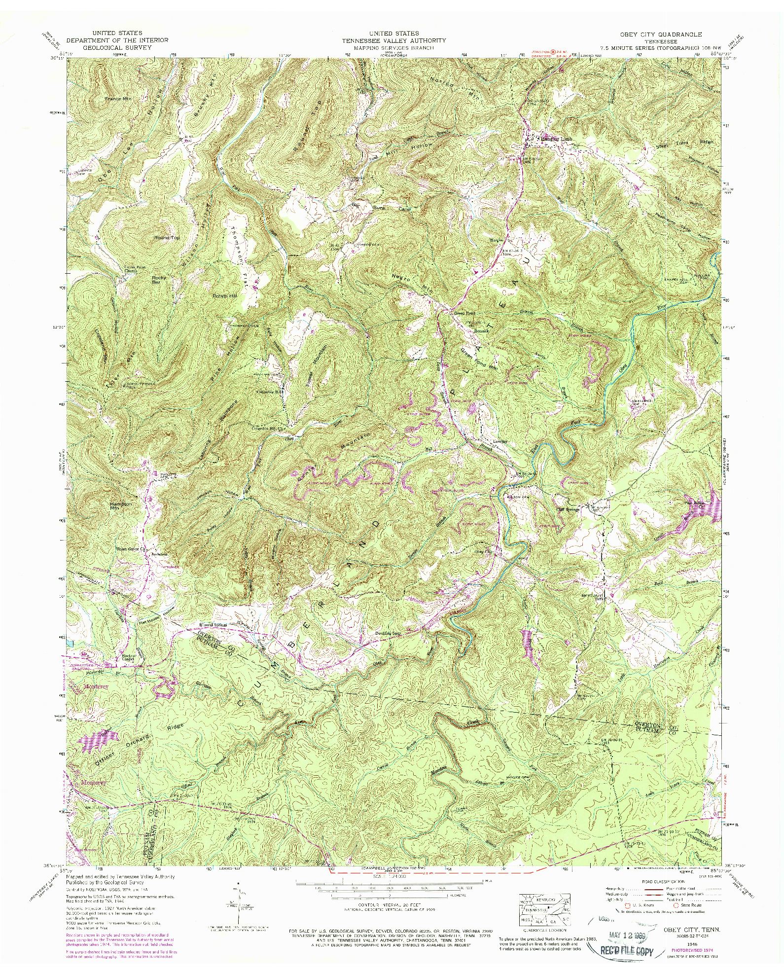 USGS 1:24000-SCALE QUADRANGLE FOR OBEY CITY, TN 1946