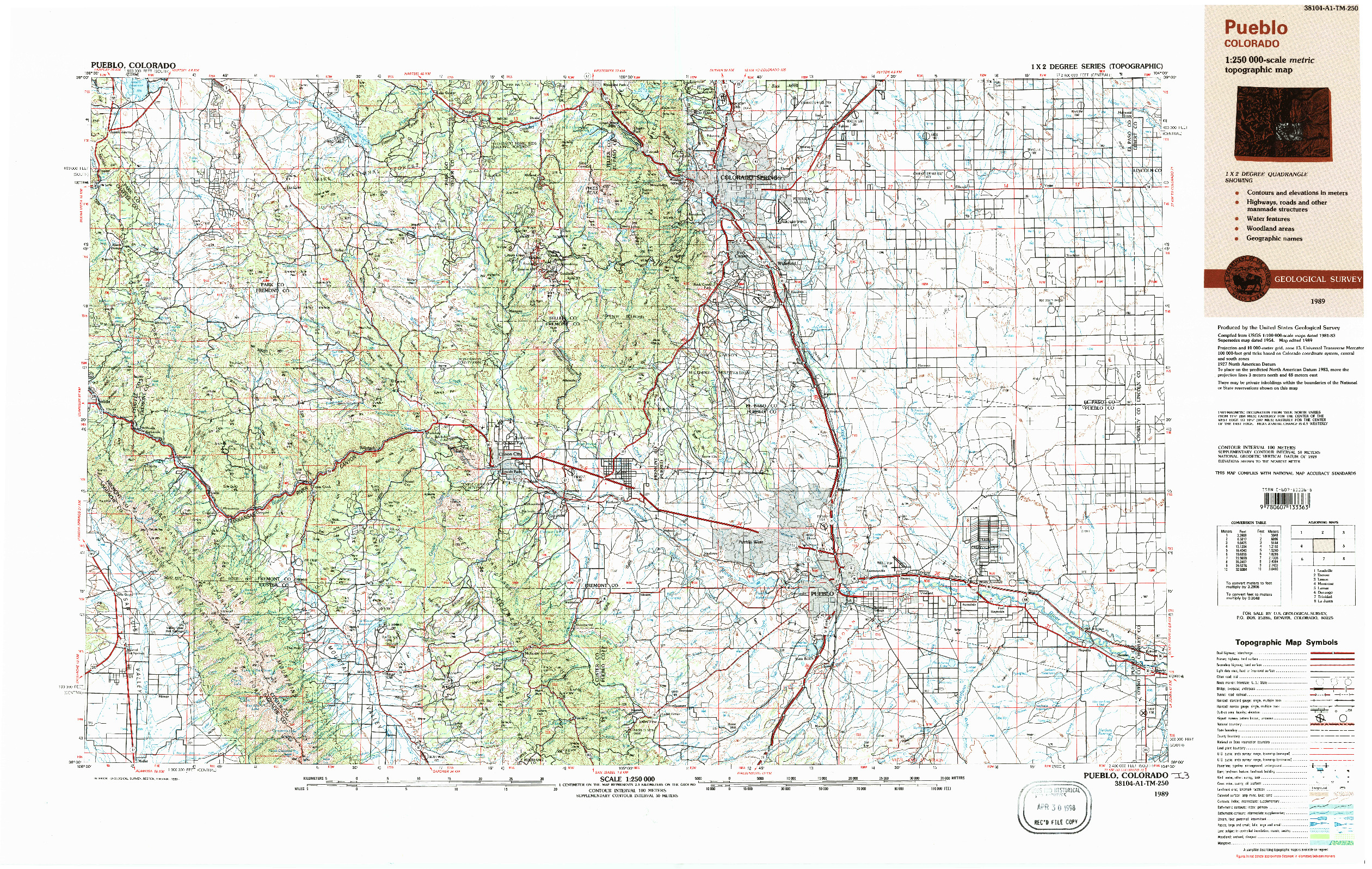 USGS 1:250000-SCALE QUADRANGLE FOR PUEBLO, CO 1989