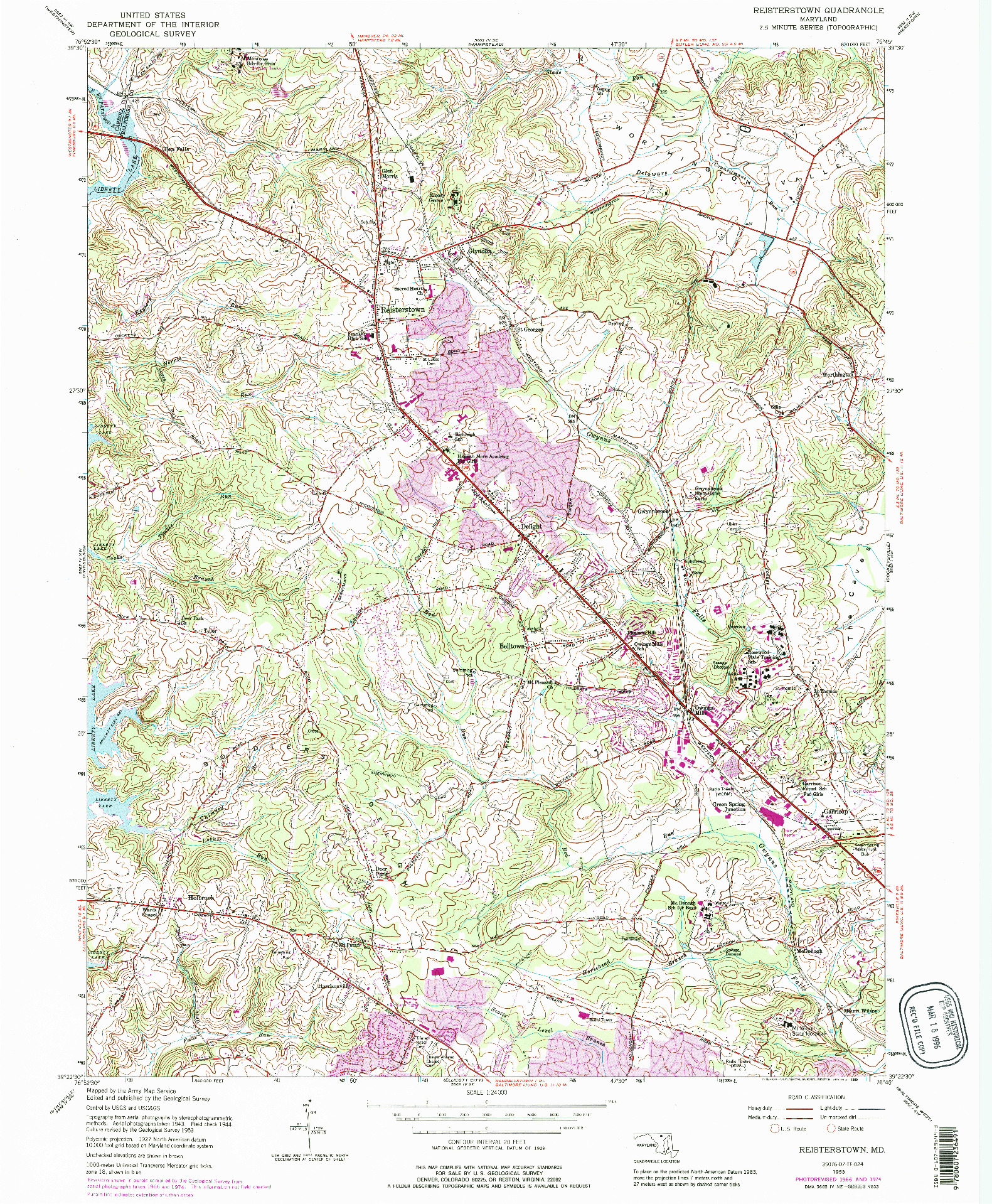 USGS 1:24000-SCALE QUADRANGLE FOR REISTERSTOWN, MD 1953