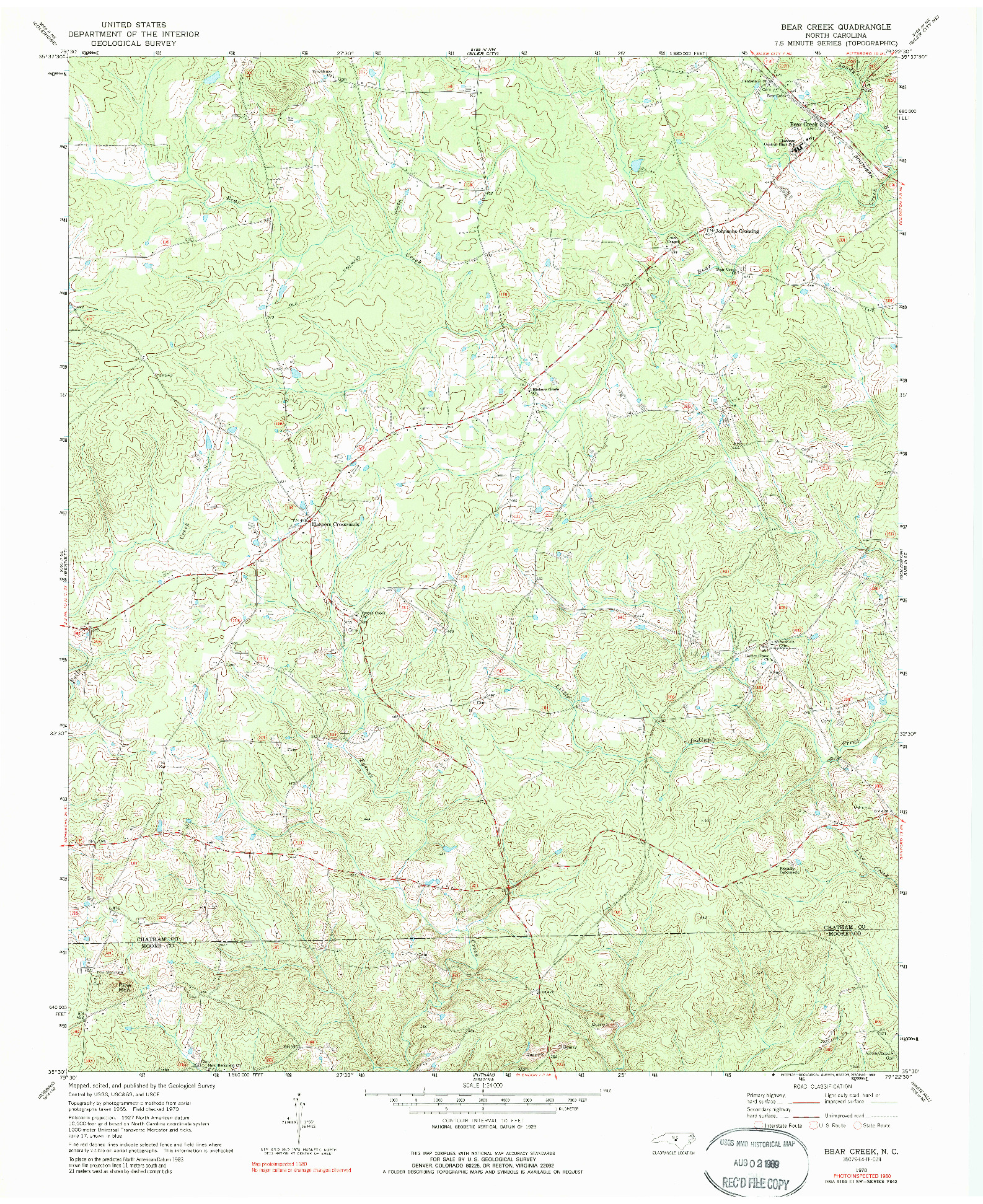 USGS 1:24000-SCALE QUADRANGLE FOR BEAR CREEK, NC 1970